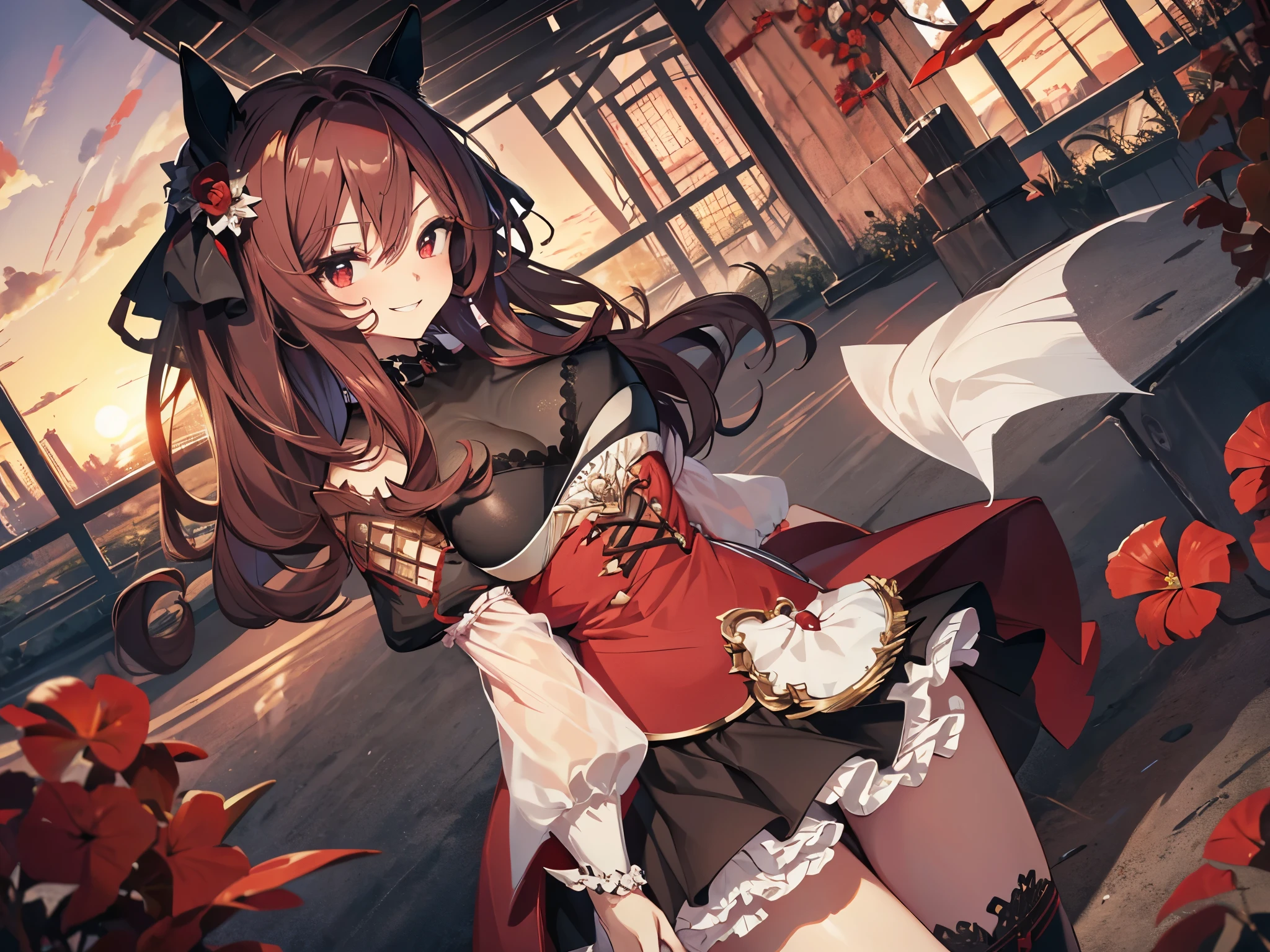 An adult woman with slanted eyes, horse ears, eyes looking up, torso turned to the side exposing armpits, black and red clothing, black see-through from neck to chest, breasts exposed, breasts and nipples visible through the transparent clothing, gums exposed, smiling, black see-through top, false sleeves, tutu, drawers, red high-waisted skirt, white frills, red eyes, hair blown in by the wind, voluptuous muscular body, dusk, sunset, red flowers within the castle walls, photographed from above