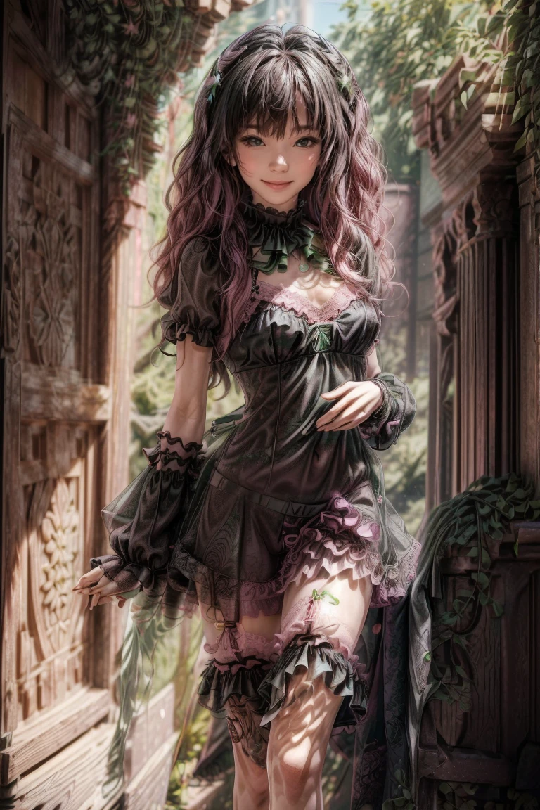 masterpiece, Highly detailed, realistic, Cinematic Lighting, Daylight, beautiful face, beautiful eyes,
 1girl, solo, (16-years-old-magical_girl), (short-pink-wavy-hair and green-eyes:1.5),
 (wearing black-See-through ruffle-and-lace Idol Costumes:1.5) ,(Roman sandals),
 (has a magic stick), (tube top), (Necklace), (Jewelry), (small breasts),
 (pretty face),(Dynamic Angle), (Dynamic Pose),
,(full body), (((tiny breasts:1.5, (slender legs), (Slender thighs)))), 
(pretty face),(smile),