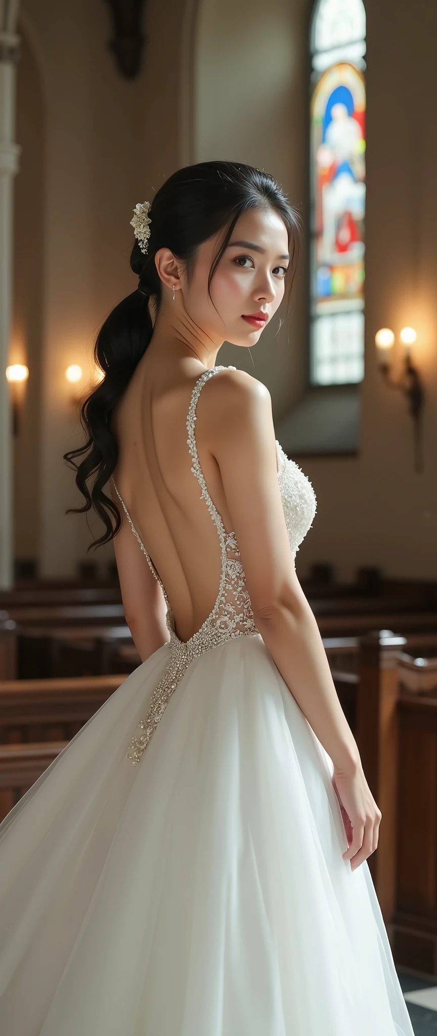 (masterpiece:1.2, high image quality,Mirror finish, cinematic experience, realistic , RAW photo),8k,16k,wallpaper, movie lighting,(depth of field ),( sophisticated lighting :1.2),( Wedding Style:2.0),( Backless Dress),( white prom dress with open back:2.0),(Middle-aged woman:2.0),(An elegant dress with an open back :2.0), portrait photo , Japanese women,( detailed skin texture showing the cathedral:1.3),( Glowing Skin :1.3),delicate face,( beautiful legs with tails:1.6),( black hair),( ponytail),(Turn around:2.0),(whole body:2.0),( stares at the camera),( Beautiful female hands :2.0),( super huge breasts :2.0),( super sexy :2.0),(super sexy makeup:2.0),( dynamic pose:2.0),(Church:2.0)