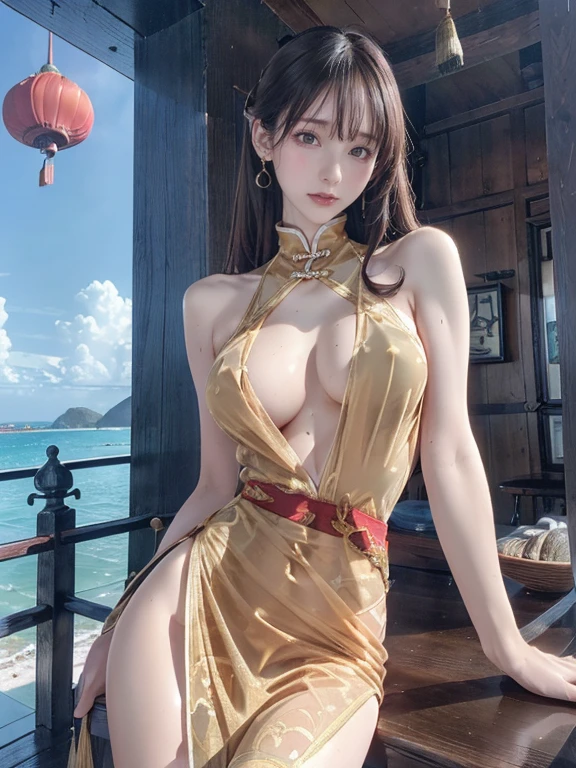 realistic, 1 woman, best quality, 12k, HD, long hair, (large round breasts 1.5), cleavage, ponytail, necklace, jewelry, shorts, short jacket, slim hips, hair tie, yellow eyes, hair black, super detail, breast detail, vagina detail, eye detail, hair detail, person detail, mouth detail, face detail, breast detail, clothes detail, hair detail, pants detail, hand detail, whole body