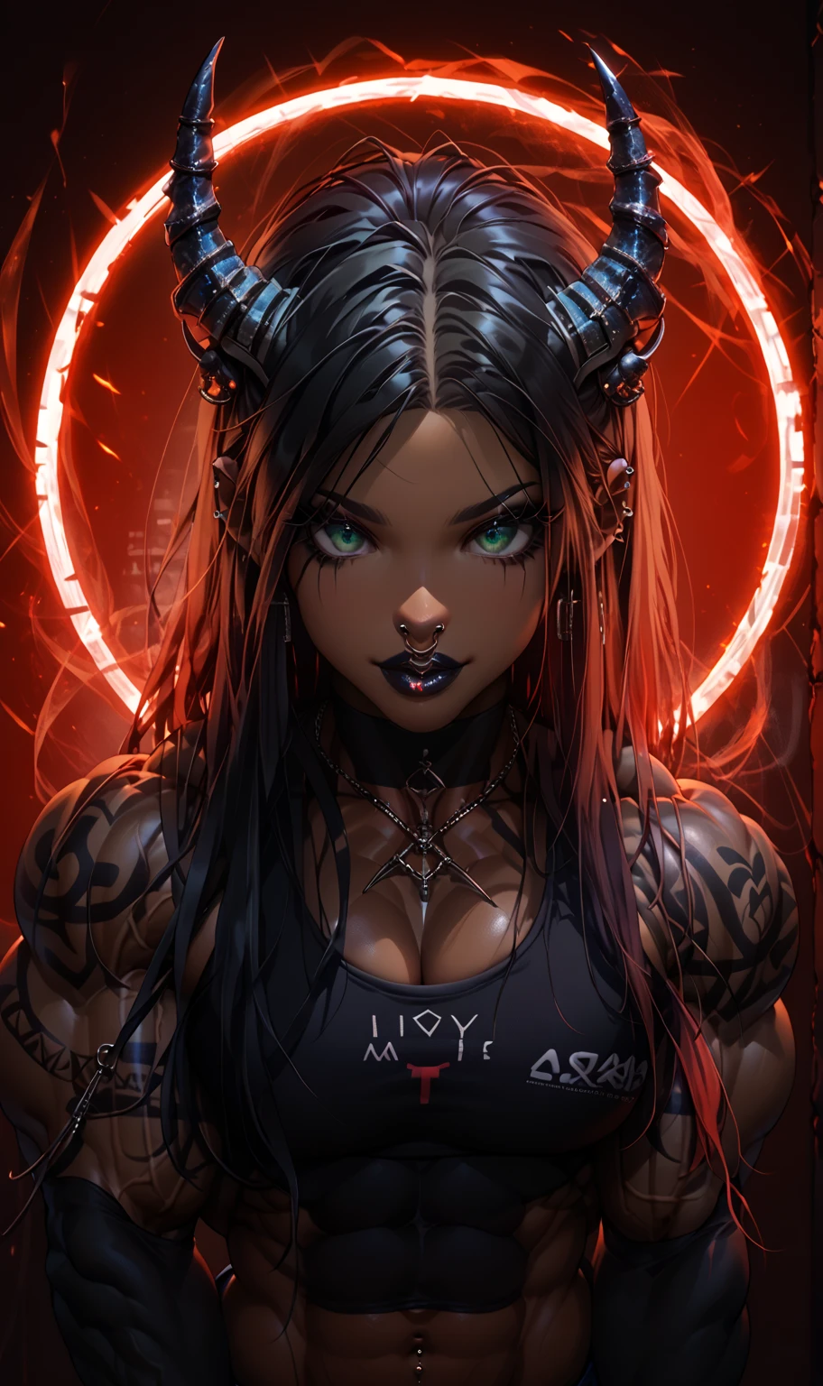 (best quality, 4k, 8k, highres, masterpiece:1.2), ultra-detailed ,illustration, full body portrait of a 20yo dark black woman villain with glowing red eyes, glowing red eyes, cute lustful woman with red dreadlocks, sensual, (passionate), gigantic breasts, gigantic hips, gigantic butt, wet skin, back to the camera, tribal tattoos, looking over shoulder, (gorgeous:1.2), detailed face, soothing tones, high contrast, (natural skin texture, hyperrealism, soft light, sharp), glowing red eyes, standing away from camera, dead superheroes in the background, 1girl, Solo, High Resolution, Looking at viewer, 