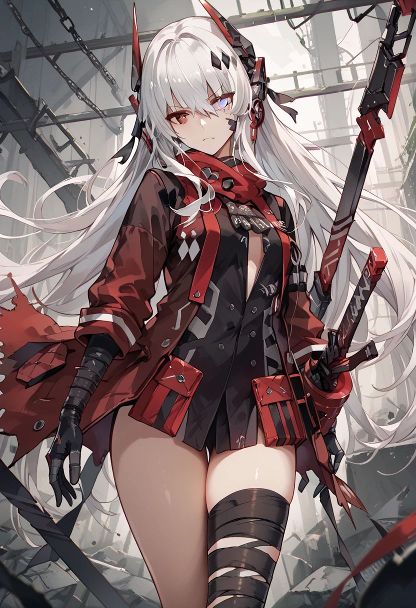 CrimsonAbyss, Heterochromia, red eye, grey eye, white hair, Crimson clothes, headgear, bandaged leg
