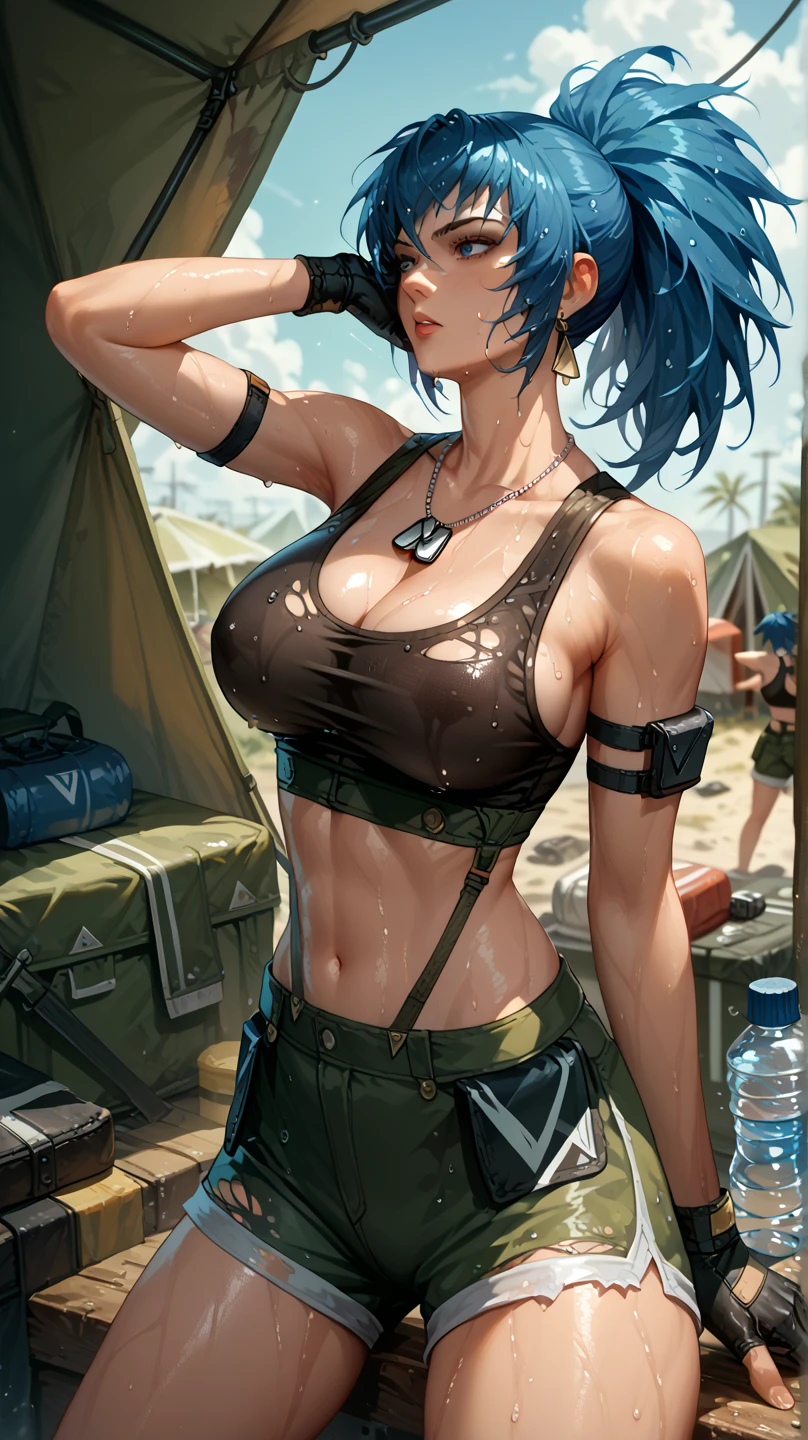 Sexy leona heidern,  Dark blue hair , triangle earrings, condog tags,  on a wasteland, pose sexy, inside a tent, sweating, in tight military shorts,  getting wet with a water bottle, damaged clothes,  open legs, watching the spectator, 