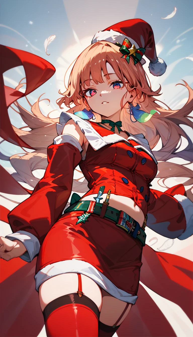 1 girl (masterpiece) perfect face, expressive eyes, KiaraBase, long hair, feather earrings, santa Claus hat, mini chef hat, ribbon choker, detached sleeves, red sleeves, red thighhighs, red vest, midriff, red miniskirt, belt 