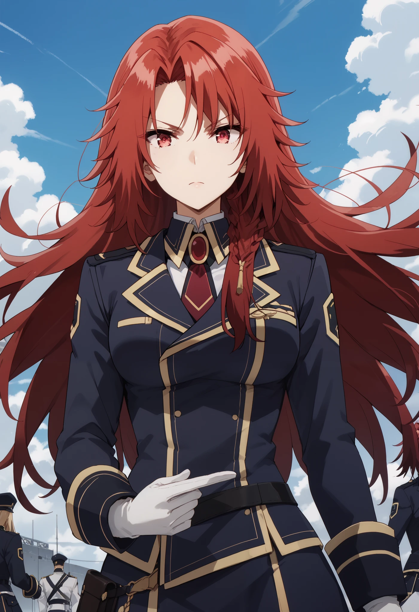 iris midgar, long hair, red eyes, braid, red hair,
skirt, gloves, long sleeves, jacket, necktie, white gloves, uniform, military, military uniform,