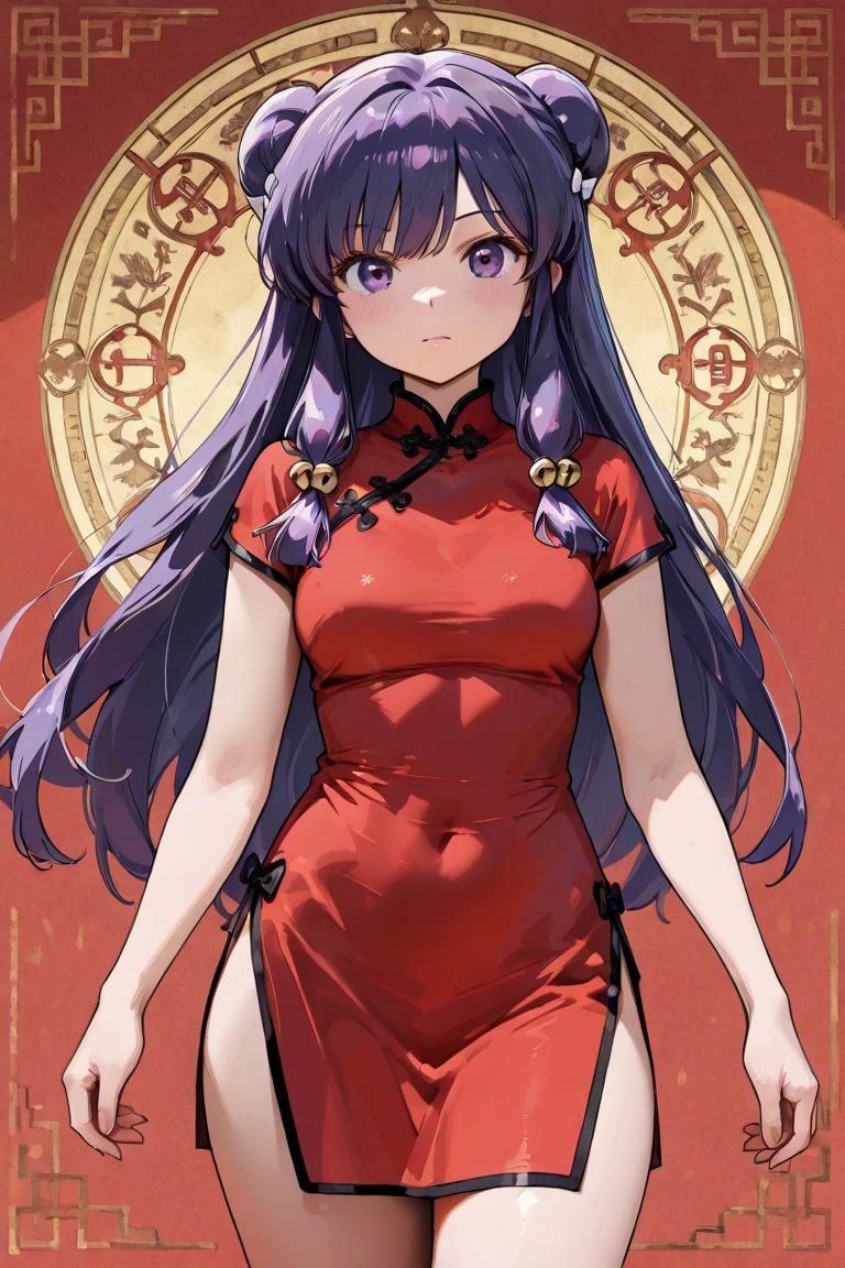 A highly detailed and high resolution image of "Shampoo" [from Ranma 1/2]; Chinese girl with long purple hair and twin buns; cute,sexhair ornament; a ((red)) Chinese qipao (cheongsam) (Long shirt ) dress, purple eyes; a red colored Chinese wedding scene in the .background; break: quality\(8k,wallpaper of extremely detailed CG unit, high resolution, top-quality, top-quality real texture skin, hyper realistic, increase the resolution, RAW photos, best quality, highly detailed, the wallpaper, golden ratio, high saturation realism, vibrant colors, dramatic lighting, persuasive storytelling, atmospheric scenery, captivating visuals, intricate details, strong emotions, dreamlike world\),(dynamic angle:1.4)