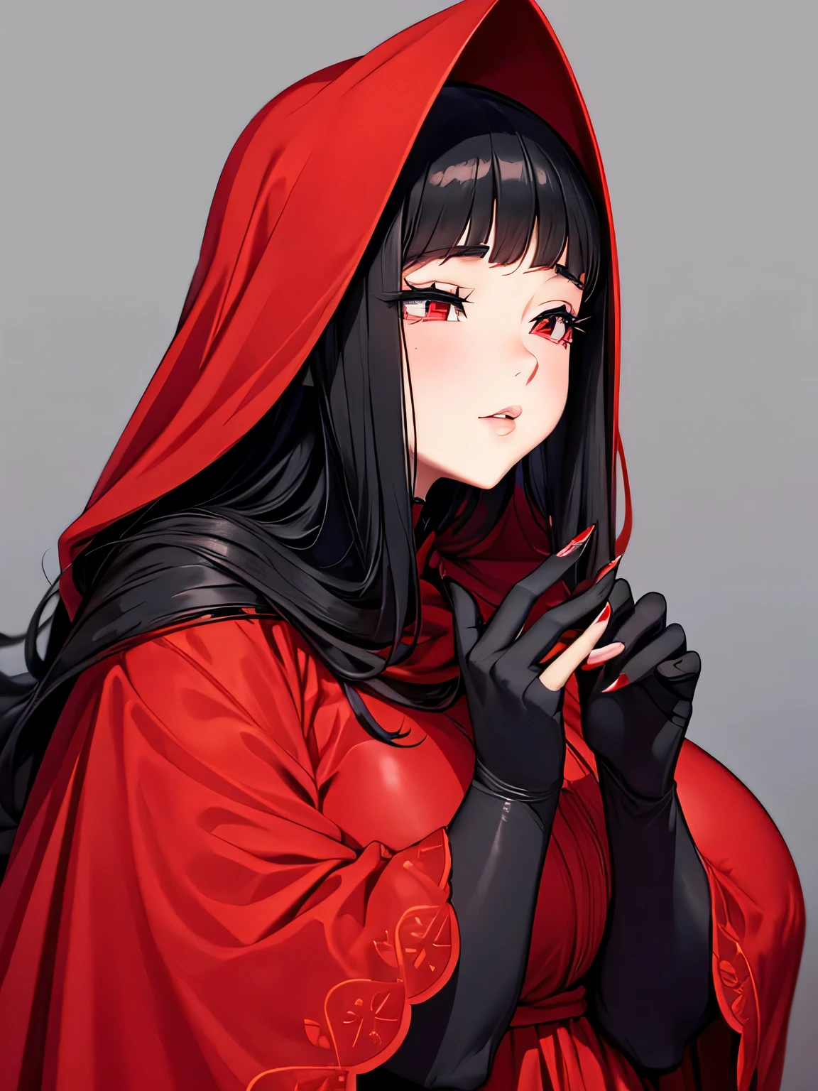 An elegant chubby woman, wearing a red veil covering her eyes, places her fingers on her lips, symbolizing silence. Her nails were long and painted bright red. The background is solid black