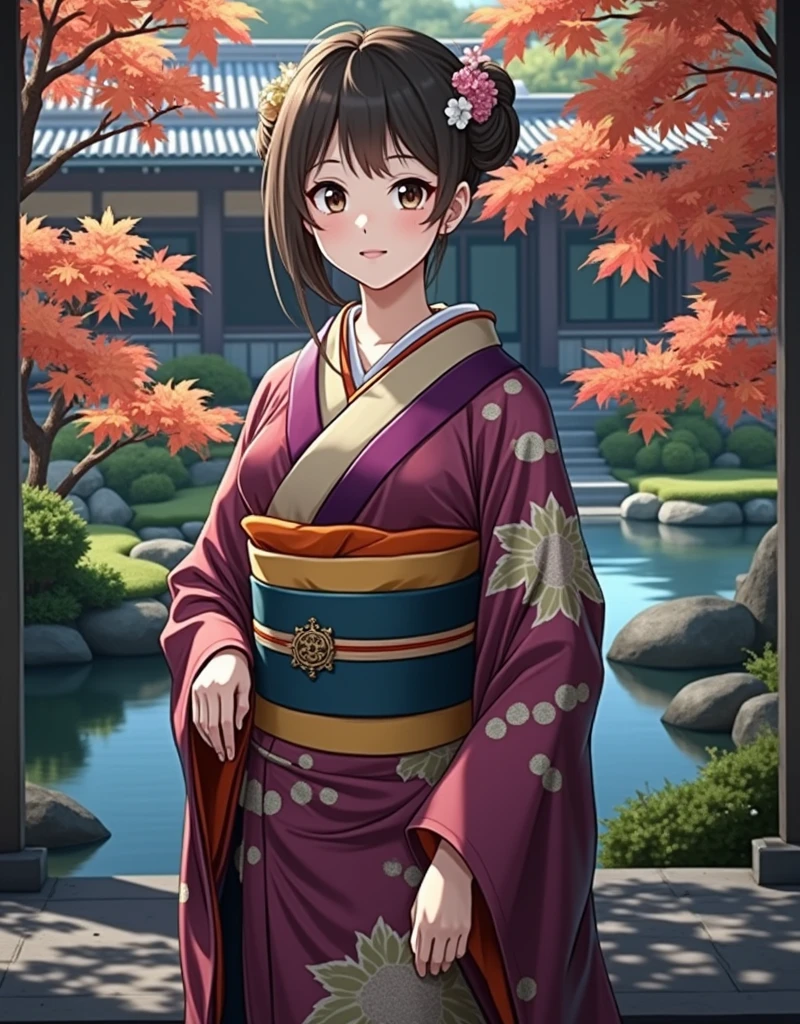 A Japanese woman with a beautiful and elegant face wearing Japanese clothes and enjoying autumn leaves in a Japanese garden,  bright colored kimono, The maple trees are shining in the sunshine,  high image quality, masterpiece, manga anime, 