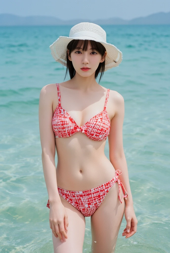 1girl, solo, cute face,big eyes,breasts, looking at viewer, blush, hair ornament, navel, cleavage, bare shoulders, medium breasts, seductive smile, standing, collarbone, swimsuit, flower, bikini, thighs, cowboy shot, earrings, outdoors, sky, day, cloud, hair flower, water, stomach, blue sky, bare arms, Gingham Print bikini, side-tie bikini bottom, ocean, halterneck, beach, sunlight, red flower, front-tie top, string bikini, front-tie bikini top, horizon, hibiscus, ((kneeling pose)),thige strap