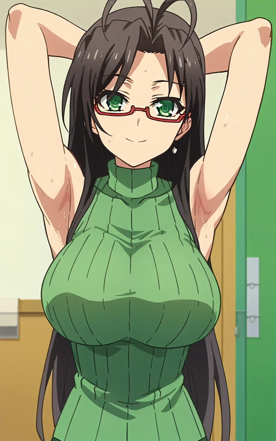 score_9, score_8_up, score_7_up, source_anime, anime screencap, 1girl, solo, chisato hasegawa, green eyes, black hair, long hair, large breasts, glasses, (ribbed sweater, green sweater:1.1), sleeveless sweater, turtleneck, arms behind head, armpits, looking at viewer, head towards viewer, smile, badhandv4, indoors, bare shoulders, bare arms, closed mouth, sweaty armpits