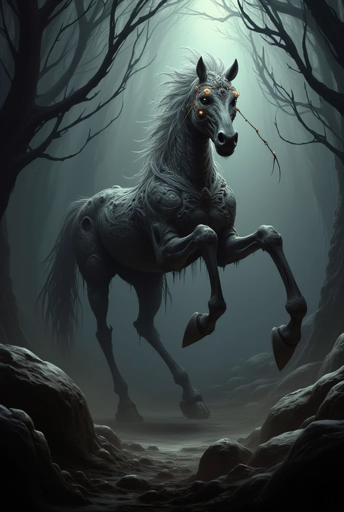 Here’s the prompt in English:

> "A hybrid creature combining a horse and a spider set in a quiet, rocky forest with a slightly ominous atmosphere. The creature has the body of a horse, but it is fused with a spider's exoskeleton, giving it a hard, segmented, and armored appearance. Its legs are elongated and end in sharp, pointed claws, resembling a spider's limbs. The creature's face combines the features of a horse with multiple glowing spider-like eyes and mandibles, adding to its terrifying appearance. The forest is silent and eerie, with large boulders scattered around and dim light filtering through the thick canopy of twisted trees. The atmosphere is tense and foreboding, with a hint of mist swirling near the ground."