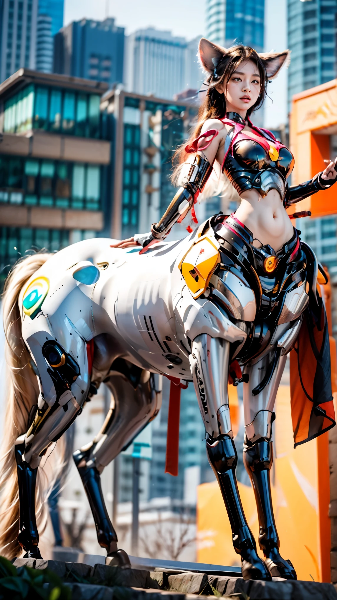 A female centaur，She is famous in the multiverse，She is both a female centaur, half human, half horse, half horse，It is also a female Yingzhao。She blends both images，The first is the head of a horse/neck/Shoulder these parts，After feminization，The upper body transforms into a beautiful female human，Female, half-centaur, half-human, half-horse, half-human，The second is the waist of the horse/hason/gluteal/Legs feminine，Female half-horse with beautiful woman's，Chimer，It's like a female human wearing a half-horse-like costume and making a seamless chimera，This chimerization is based on powerful futuristic technology。The ultra-wide-angle lens captures the image of her sleek and ethereal wings charging and leaping on the ionosphere。Her front half is distinctly feminine，Tall sexy body，Has K cup teardrop-shaped giant tit chest，It has a small man's waist butterfly spanning long legs，The half-horse part of the hind body，Embedded interface in the front half of the body hip position。The horse-shaped, half-horse torso form of her back body is completely female and humanized。A sexy bent dog-style shaped ribcage embedded in the lower back position of the beautiful woman's body from the upper end of the sternum/lower back/Ventral transverse。Then there are the sexy beauty's upright hips，Her entire body has been completely feminized，Including the half-horse part。Mechanized armor covers the legs with knee-shaped anti-joints and feet，And these parts are highly anthropomorphic，This makes her legs graceful and slender，Her four horse legs exploded in length proportions and was slender and toned，Under the legs are skinny white feet dressed in Skyscraper Heels，Use Midjourney's advanced stroke tools and color palettes, as well as texture packs, model packs, and texture tools，Concentration，Femaleize all parts of her original equine physiologic appearance，And give these parts an ergonomic appearance，Fine treatment of the thoracic and abdominal cavity of the posterior body，As well as hips and