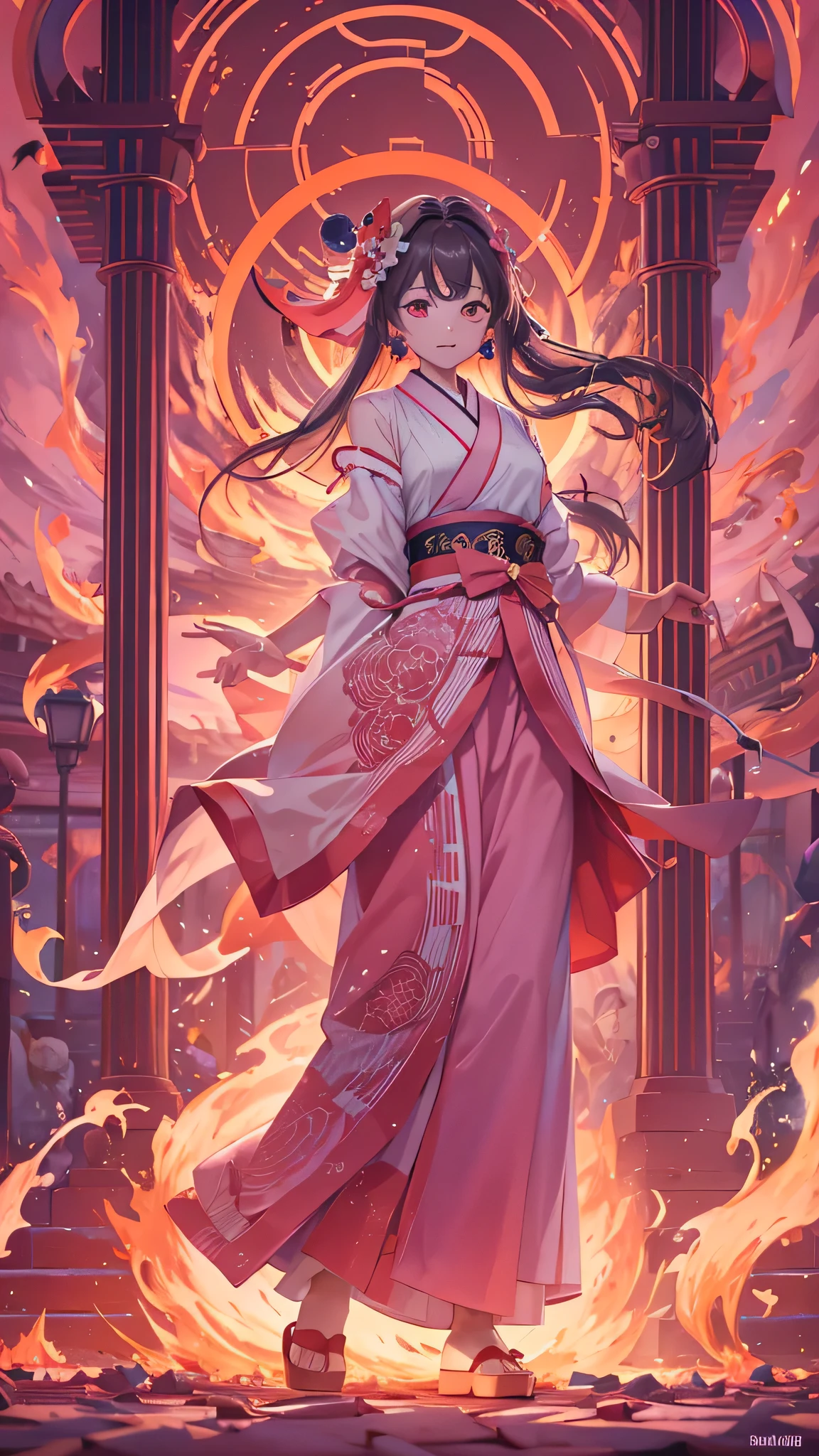 high frequency: 1.8, Rich details, masterpiece, 8k,  A beautiful shrine maiden wearing a pink shirt is standing in front of the flames, Dancing, Fans waving, The fan is burning, Maidens engulfed in flames,   burning ,  