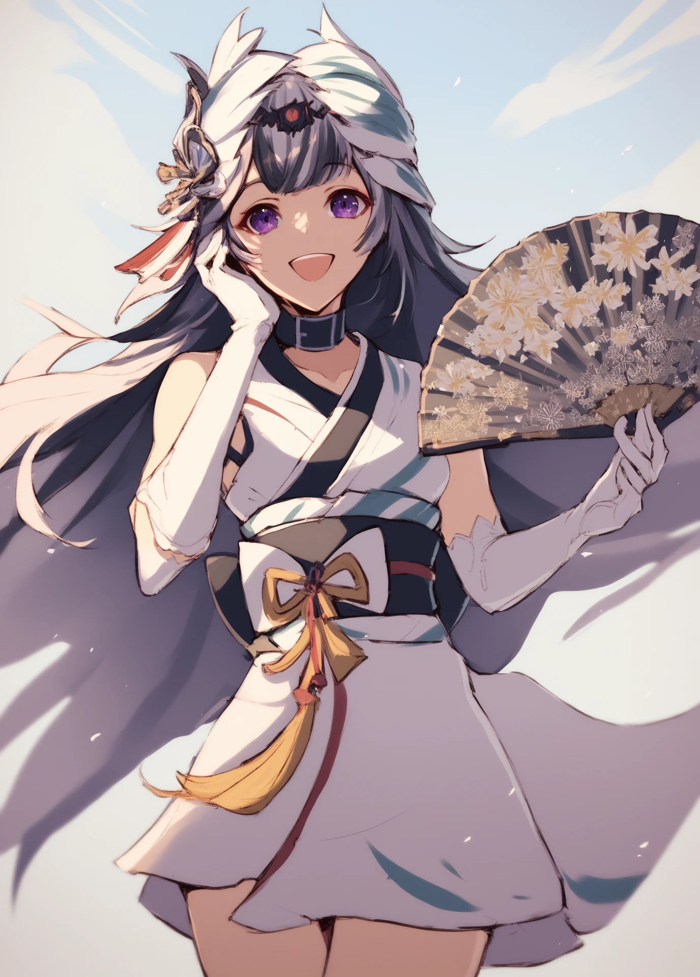 a2kimono, 1girl, solo, japanese clothes, wide sleeve, elbow glove, kimono, hair ornament, holding, hand fan, cowboy shot, white background score_9, score_8_up, score_7_up, score_6_up, BREAK 1girl, solo, cowboy shot, looking at you, smile, open mouth, happy, hand on own face, defVeyl, purple eyes, long hair, multicolored hair, feather hair ornament, choker, white elbow gloves, feather dress, bare legs, sleeveless, outdoors, sky, cloud