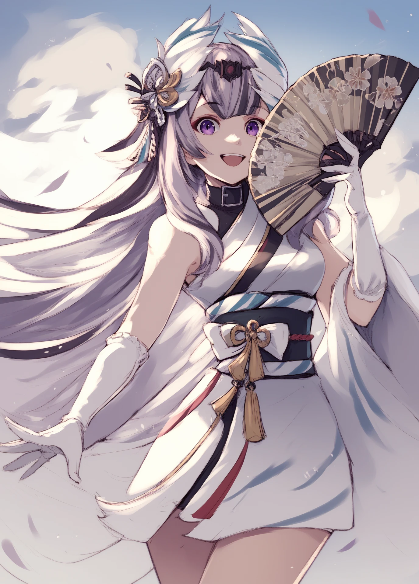 a2kimono, 1girl, solo, japanese clothes, wide sleeve, elbow glove, kimono, hair ornament, holding, hand fan, cowboy shot, white background score_9, score_8_up, score_7_up, score_6_up, BREAK 1girl, solo, cowboy shot, looking at you, smile, open mouth, happy, hand on own face, defVeyl, purple eyes, long hair, multicolored hair, feather hair ornament, choker, white elbow gloves, feather dress, bare legs, sleeveless, outdoors, sky, cloud