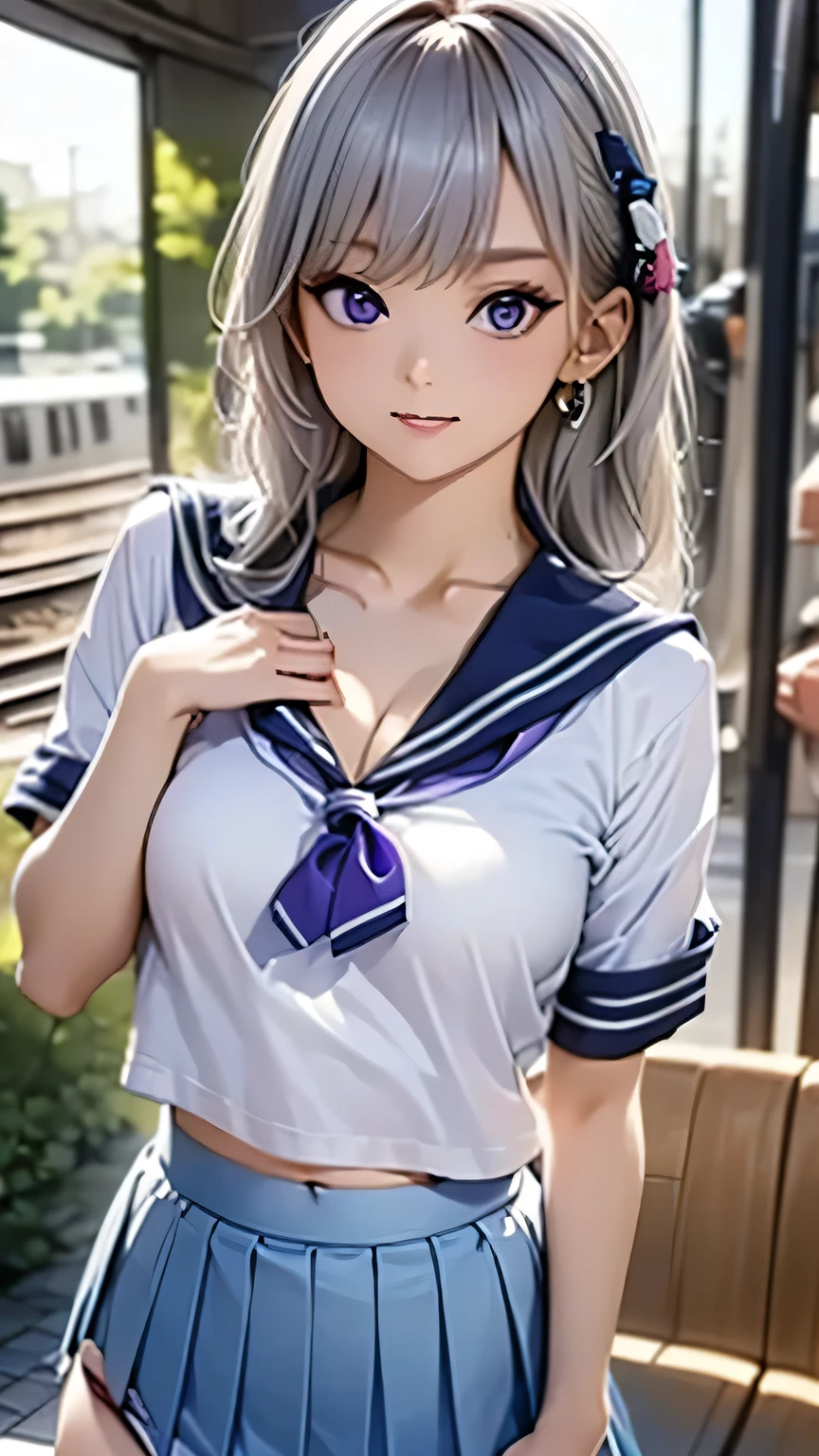 masterpiece, top quality , absurd, high res, ULTRA DETAIL, Highly Detailed CG Unity 8K Wallpaper, 1 cute cute adorable **-*****-*** girl , (((light blue cotton good out))), (((light blue cotton waist bow panties out))), , good, goodid, chest, cleavage, Clothes lift, the cowboy shot, self lifted , viewers, small chest, Hold your mouth, belly button, panties, pleated skirt, school uniform, Sera Clothing, (((((white short sleeved sailor shirted up to show good))))), ((((( shirt))))), (((plain dull navy blue pleated skirt lift))), upskirt , Alone, underwear, camel toe , focus on crotch, (((gap))), ((( butt visible through thighs))), (nsfw), ((inside the train, busy trains, public)), from the front , Chinamoeka , ((( purple eyes, Silver Hair)))