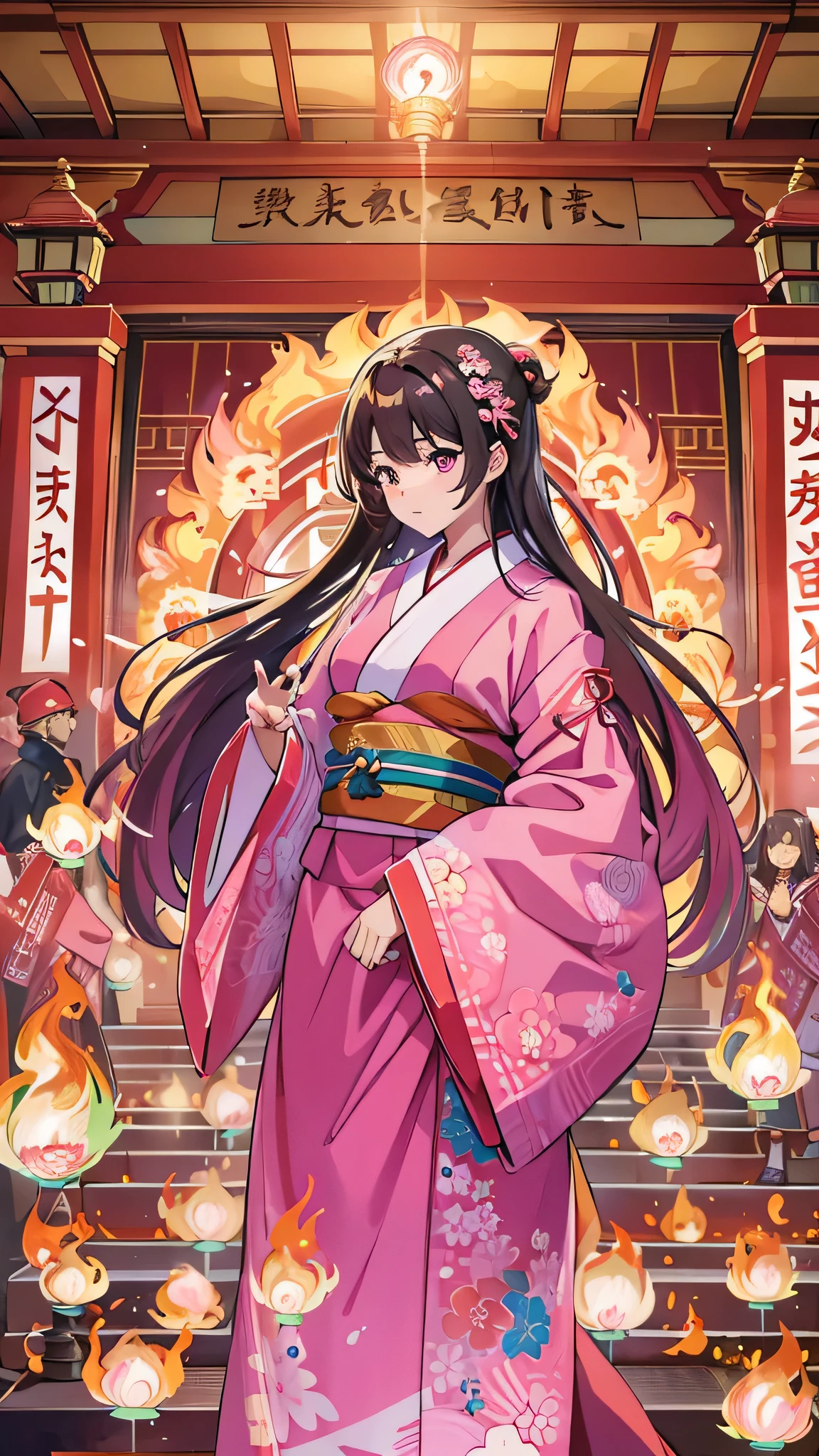  in high-definition images，high frequency: 1.8, Rich details, masterpiece, 8k,  A beautiful shrine maiden wearing a pink shirt is standing in front of the flames, Dancing, Fans waving, Priestesses ,   burning ,  