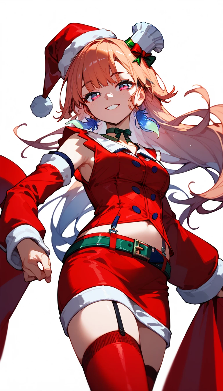 1 girl (masterpiece) perfect face, expressive eyes, KiaraBase, long hair, feather earrings, santa Claus hat, mini chef hat, ribbon choker, detached sleeves, red sleeves, red thighhighs, red vest, midriff, red miniskirt, belt, white background, soft smile 