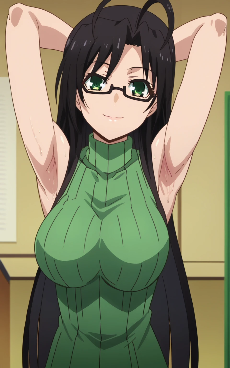 score_9, score_8_up, score_7_up, source_anime, anime screencap, 1girl, solo, chisato hasegawa, green eyes, black hair, long hair, large breasts, glasses, (ribbed sweater, green sweater:1.1), sleeveless sweater, turtleneck, arms behind head, armpits, looking at viewer, head towards viewer, smile, badhandv4, indoors, bare shoulders, bare arms, closed mouth, sweaty armpits