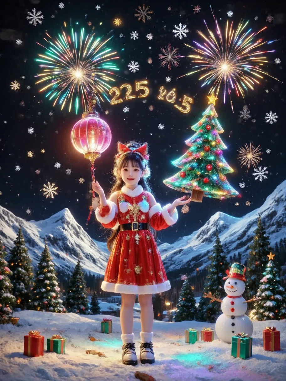 3D cartoon style,a vibrant and colorful New Year celebration is held on the snow-covered paradise square. In the center,a happy girl in a red and gold New Year costume waves happily,holding a warm and glowing huge red lantern in her hand. Around her,the slide is decorated with small colored lights. Children are making snowmen. Fireworks illuminate the sky. Fireworks display "2025" in sparkling gold letters,reflecting on the snow below,in the foreground,sparkling fireworks,small gift boxes and footprints add texture,the background is rolling snow-capped mountains,dramatic lights and colorful fireworks create a visually stunning and celebratory scene,a snowman in a traditional hat dances nearby with small fireworks,and the snowfall and vibrant festive atmosphere add depth and excitement