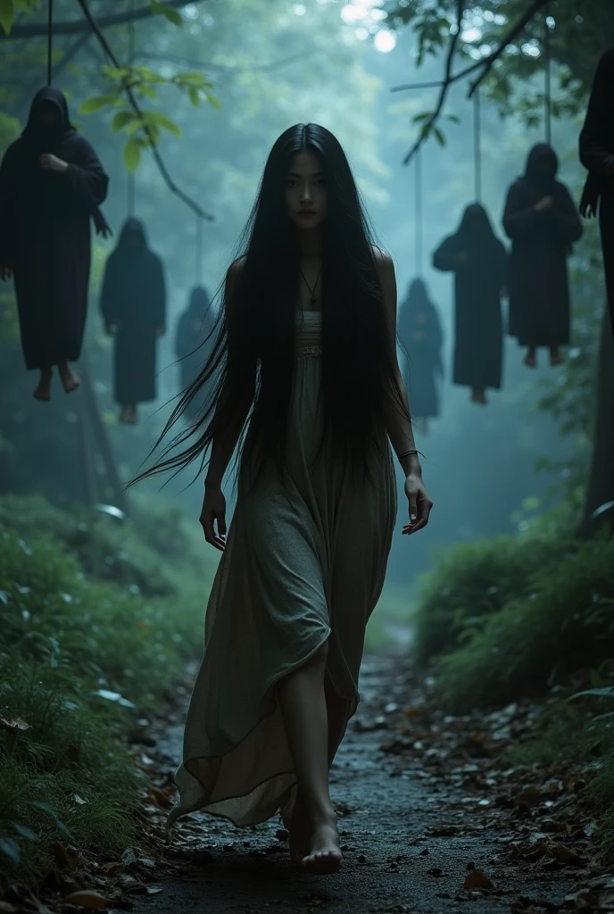 Very beautiful woman, woman very thick hair, Woman walking, ninja s hanged