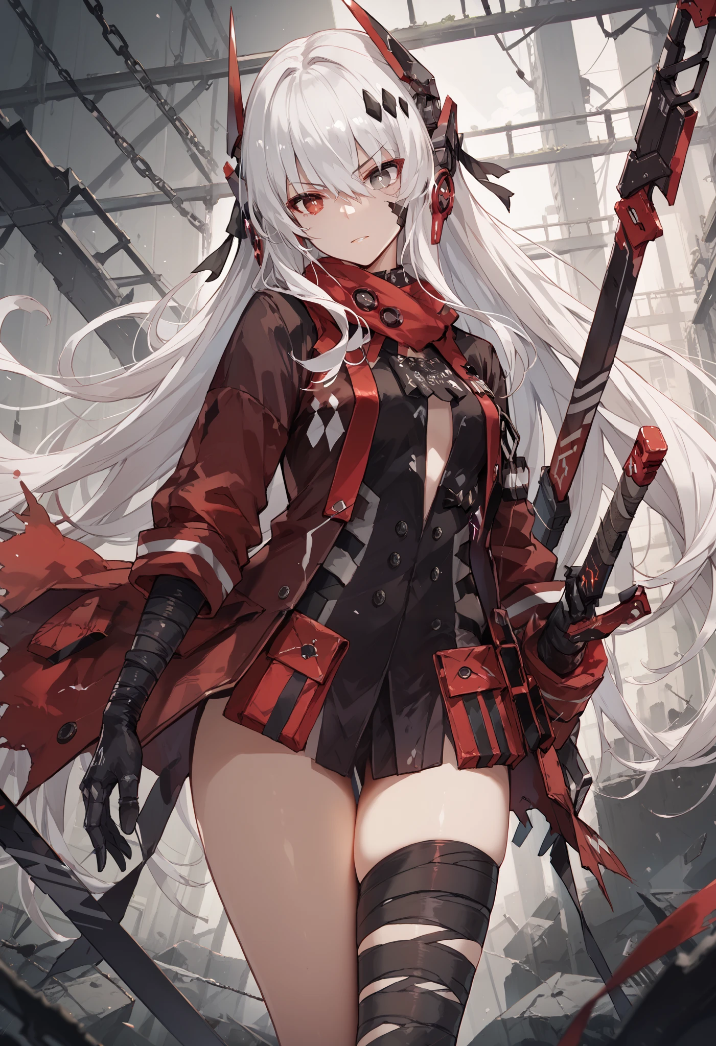 CrimsonAbyss, Heterochromia, red eye, grey eye, white hair, Crimson clothes, headgear, bandaged leg
