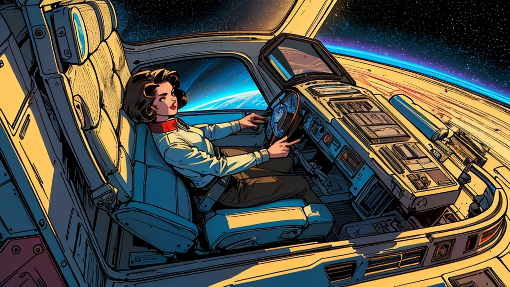 (((Top Quality Masterpiece ))),(((solo:1.2))),((( 1 woman :1.2))), 32K Highly Detailed Wallpaper , Retro Vintage Style ,(dynamic Angles),(((Overwhelming highlights))),((most complex machine)), American comics with a very flashy color scheme,80s space thriller movie poster ,70s movie poster,Detailed space station