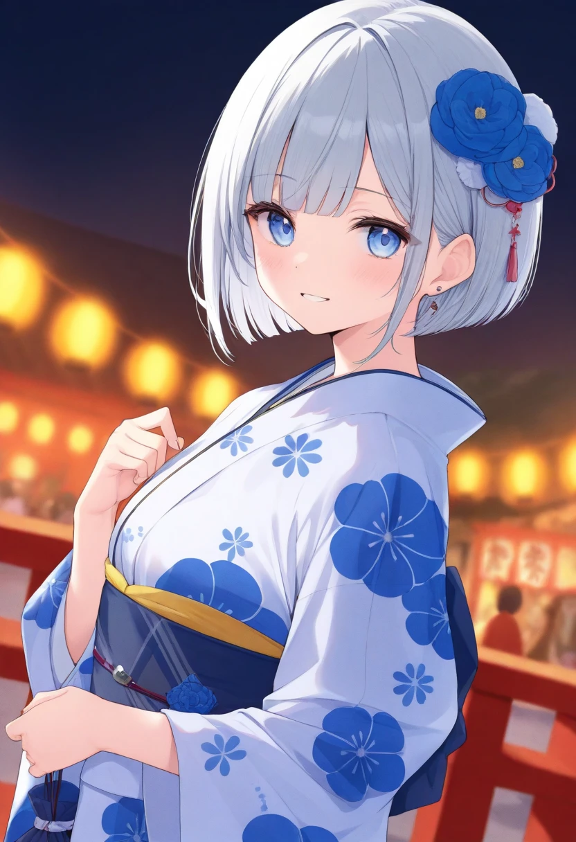  silver hair short bob　 blue eyes　kimono　 background simple　Partial green 