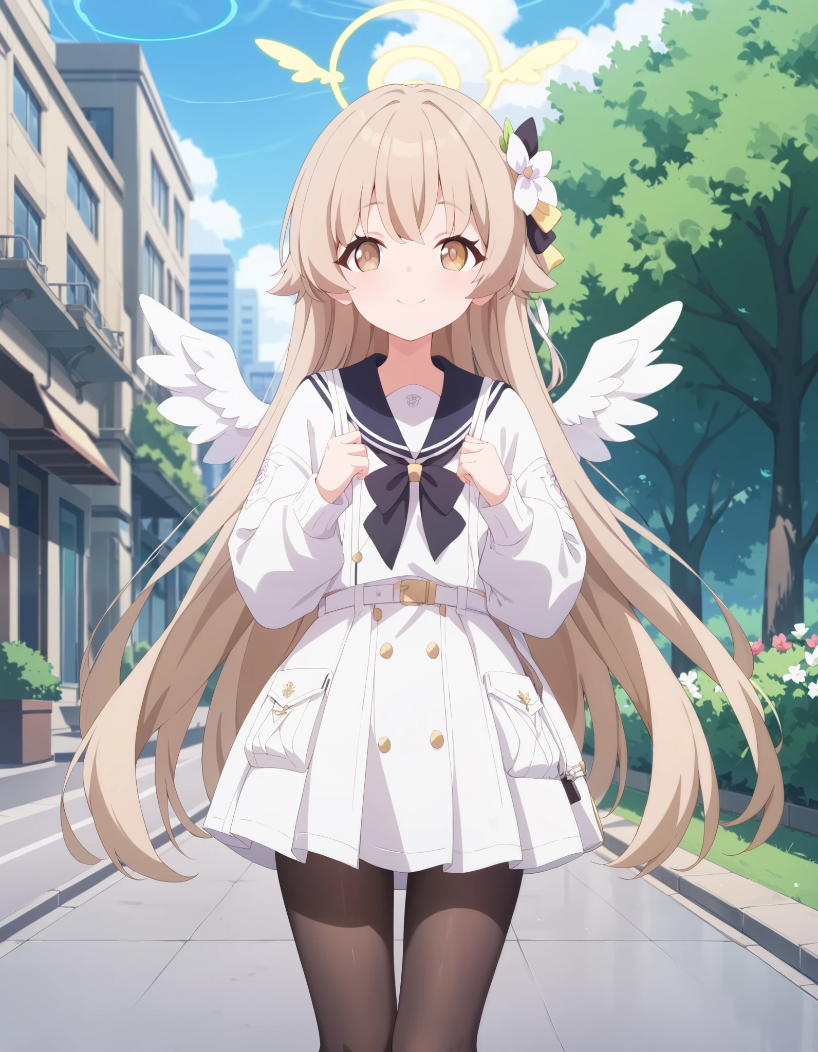 Masterpiece, hd, best quality, hifumi, blue archive, smile, light brown eyes, sailor collar, white dress, long sleeves, neckerchief, black pantyhose, capelet, halo,shiny halo, long hair, light brown hair, flower hair ornaments, feathers, feathered wings, angel wings, white sailor collar, white wings, black neckerchief, wearing belt, light brown belt, Standing, outdoor, park, tall body