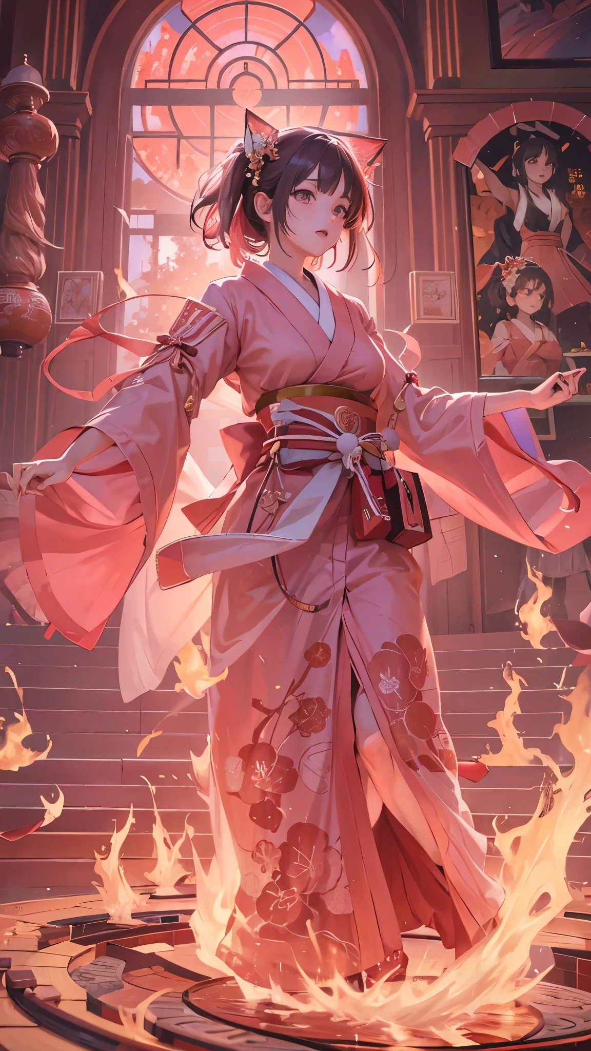 high frequency: 1.8, Rich details, masterpiece, 8k,  A beautiful shrine maiden wearing a pink shirt is standing in front of the flames, Dancing, Fans waving, The fan is burning, Maidens engulfed in flames,   burning ,  