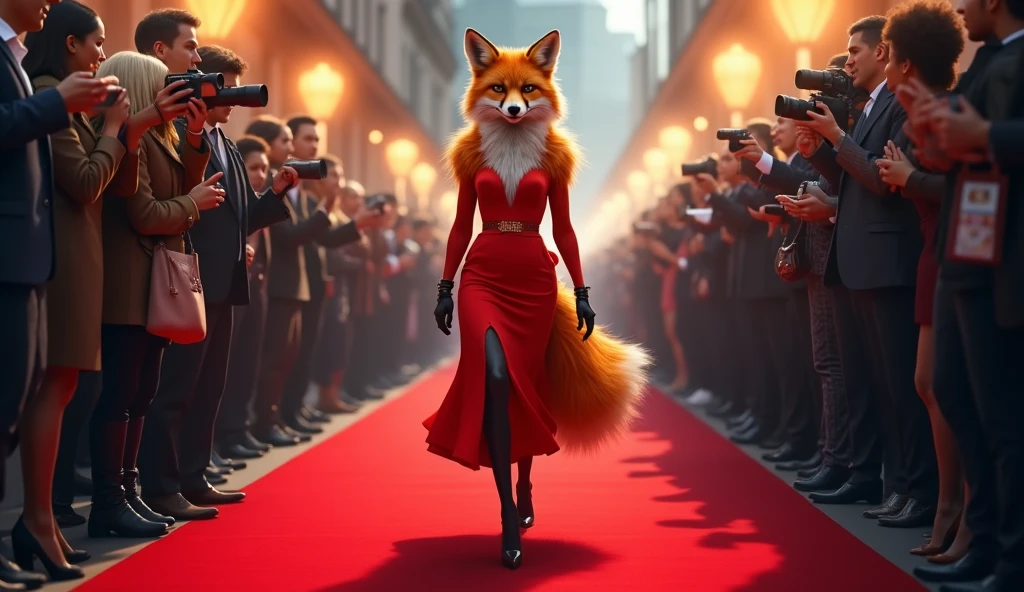 A fox in a super chic red dress walking down a red carpet 
