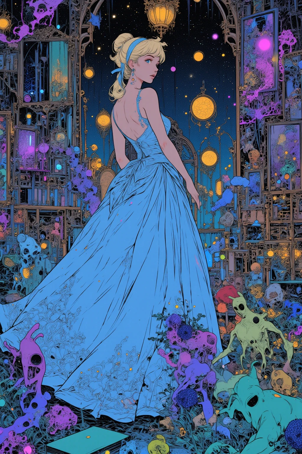  Cinderella's Ball  ,Hallucinatory Art  、  dmt Death of Ego  、  Psychedelic Horror  、  Extremely Precise Visionary Art 、  DMT Egodes  、 Shamanic Fear  、LSD art,  Poison and Disney Mix ,  Cornflower Blue Backless Dress,Glass Slipper