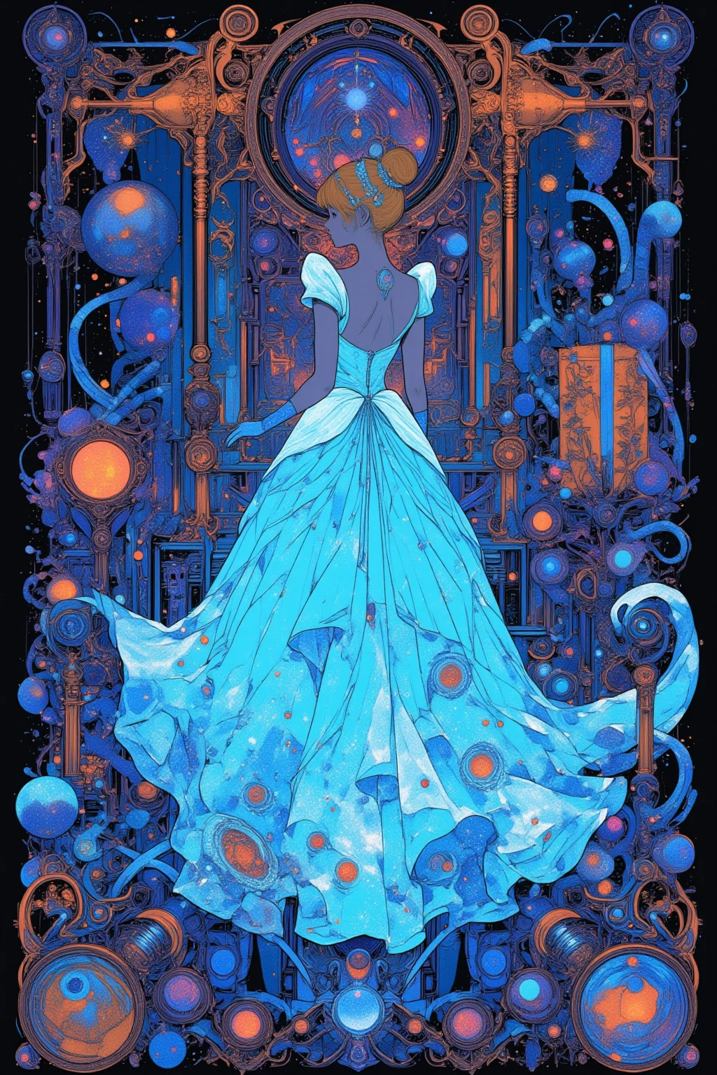  Cinderella's Ball  ,Hallucinatory Art  、  dmt Death of Ego  、  Psychedelic Horror  、  Extremely Precise Visionary Art 、  DMT Egodes  、 Shamanic Fear  、LSD art,  Poison and Disney Mix ,  Cornflower Blue Backless Dress,Glass Slipper