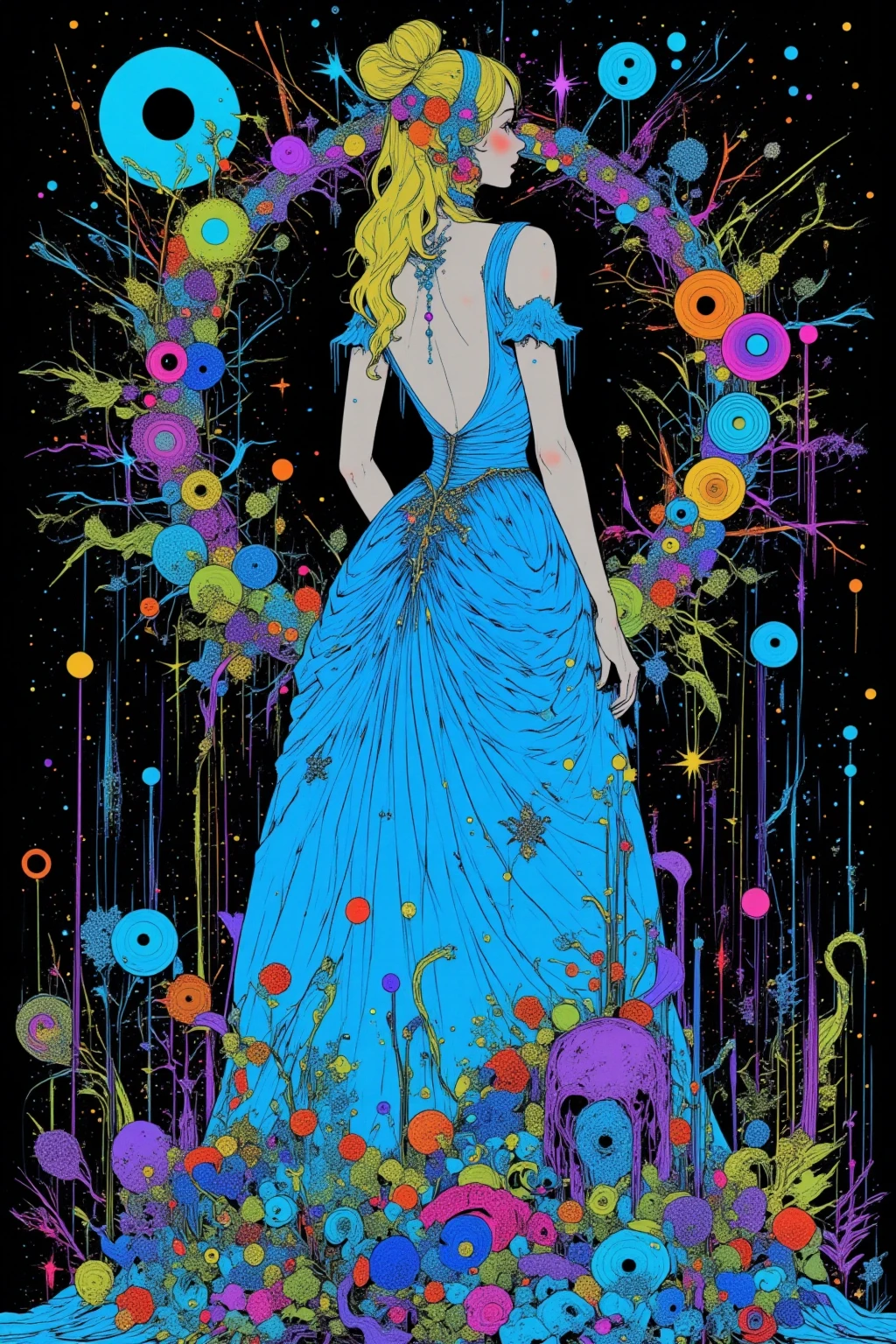  Cinderella's Ball  ,Hallucinatory Art  、  dmt Death of Ego  、  Psychedelic Horror  、  Extremely Precise Visionary Art 、  DMT Egodes  、 Shamanic Fear  、LSD art,  Poison and Disney Mix ,  Cornflower Blue Backless Dress,Glass Slipper