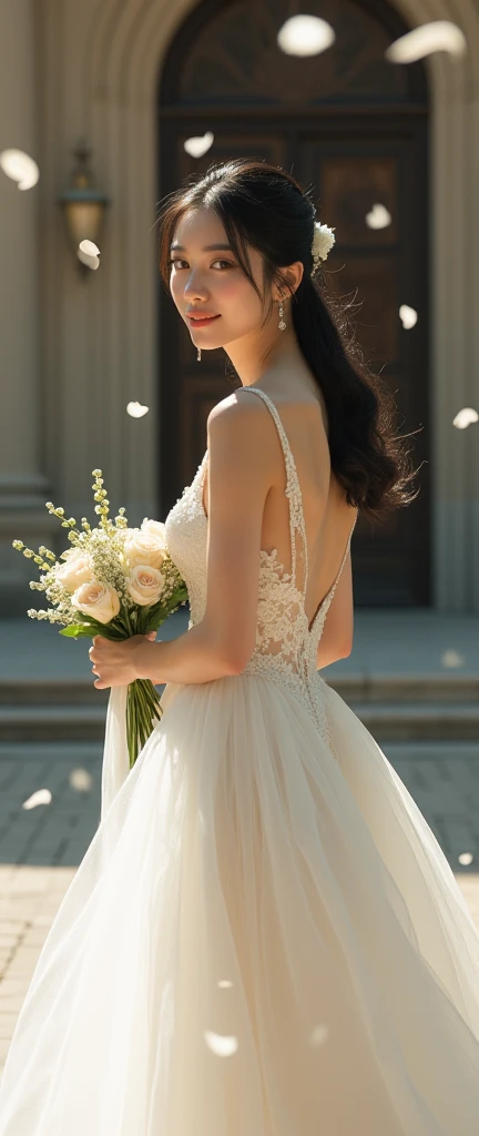 (masterpiece:1.2, high image quality,Mirror finish, cinematic experience, realistic , RAW photo),8k,16k,wallpaper, movie lighting,(depth of field ),( sophisticated lighting :1.2),( Wedding Style:2.0),( Backless Dress),( white prom dress with open back:2.0),(woman:2.0),(An elegant dress with an open back :2.0), portrait photo , Japanese women,( detailed skin texture showing the cathedral:1.3),( Glowing Skin :1.3),delicate face,( beautiful legs with tails:1.6),( black hair),( ponytail),(Turn around:2.0),(whole body:2.0),( stares at the camera),( Beautiful female hands :2.0),( super huge breasts :2.0),( super sexy :2.0),(super sexy makeup:2.0),( dynamic pose:2.0),(Outside the church:2.0),(Countless petals of blessings dance:2.0),(Beautiful Bride:2.0)