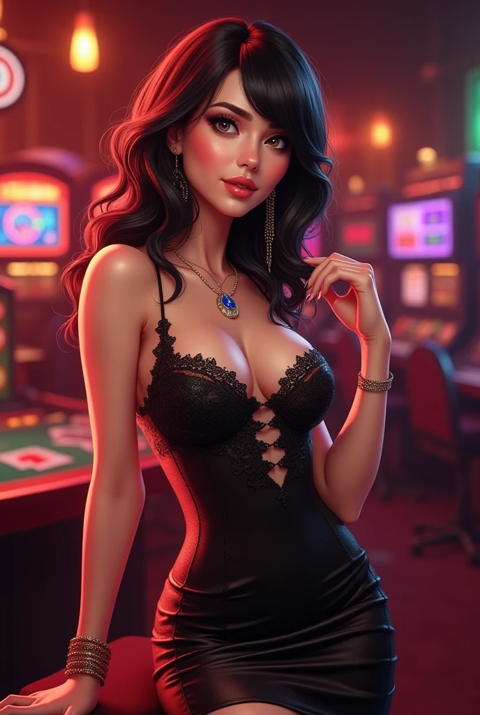 ((seductive))((majestic, Magnificent)) ((beautiful face woman)) ((dark eyeshadows make up)) ((red lips)), ((cute smile)) ((long straight black hair, tied up hairstyle))((big breast:1.5)) ((slender body:1.3)) ((wear beautiful strapless dress, sequins dress, long dress)) ((jewerly, earrings)) ((sit playing poker inside a casino)), ((high definition:1.5), ((masterpiece:1.5))((8k:1.5)) ((Best quality:1.4)), more_details:-1, more_details:0, more_details:0.5, more_details:1, more_details:1.5, more prism, vibrant color