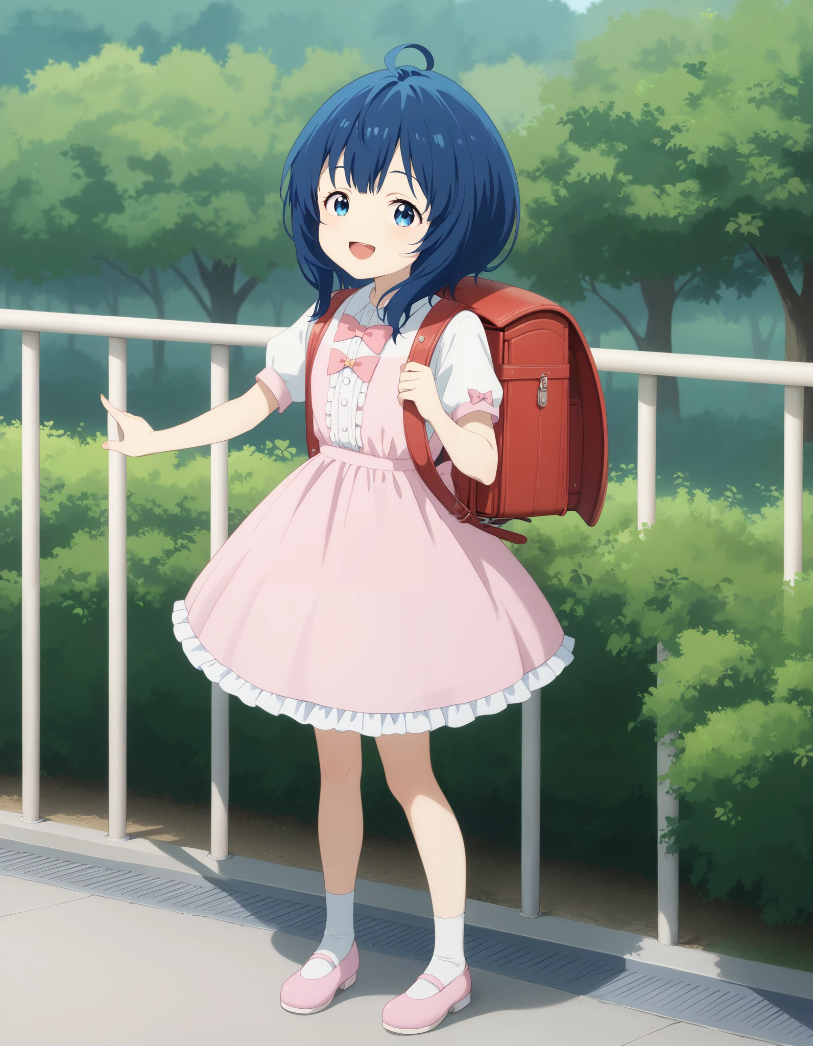 Hd, (girl:1.1) (slender body) (thin body), annayanami, medium hair, blue eyes, ahoge, blue hair, (white skin) happy and confident expression. full body, (ch1ldren playing), short girl, cute girl, (loli:1), (ch1ldren:1.2), long straight hair, thin legs, flat chest, flat breasts. (happy, smile, cheerful), Standing, outdoor, wearing party dress, pink dress, frilly dress, white socks, pink shoes, bowtie, wearing randoseru backpack, red backpack
