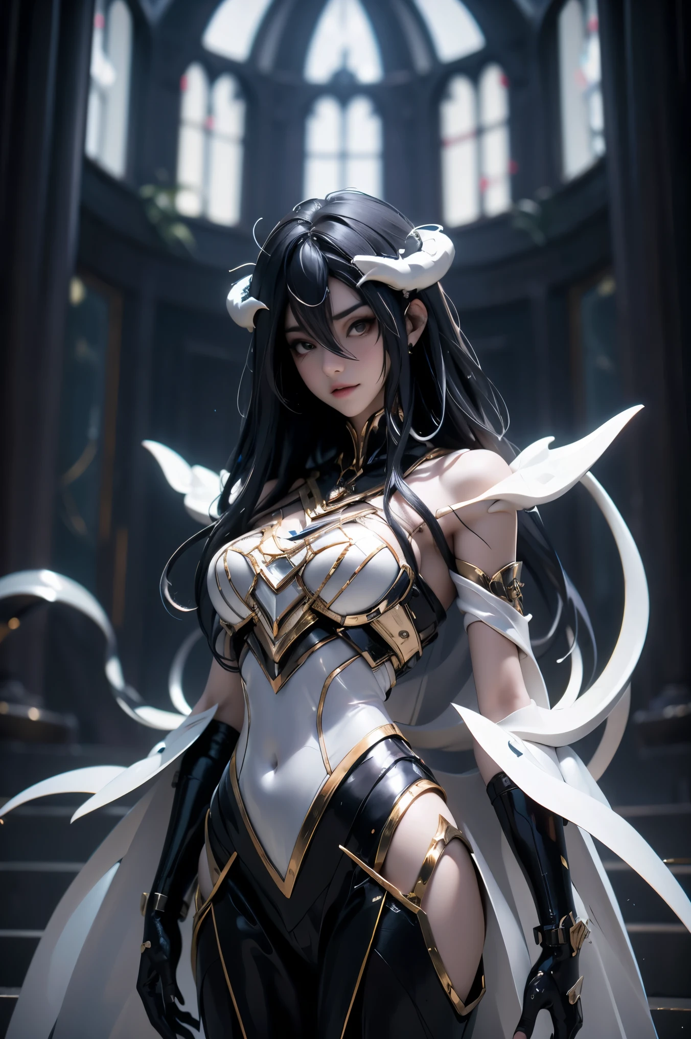 A demonic angel with big wings, Horns and a beautiful, Detailed cyber armor, mit einem hoch detaillierten Gesicht. Im Hintergrund ein blutroter Vollmond.