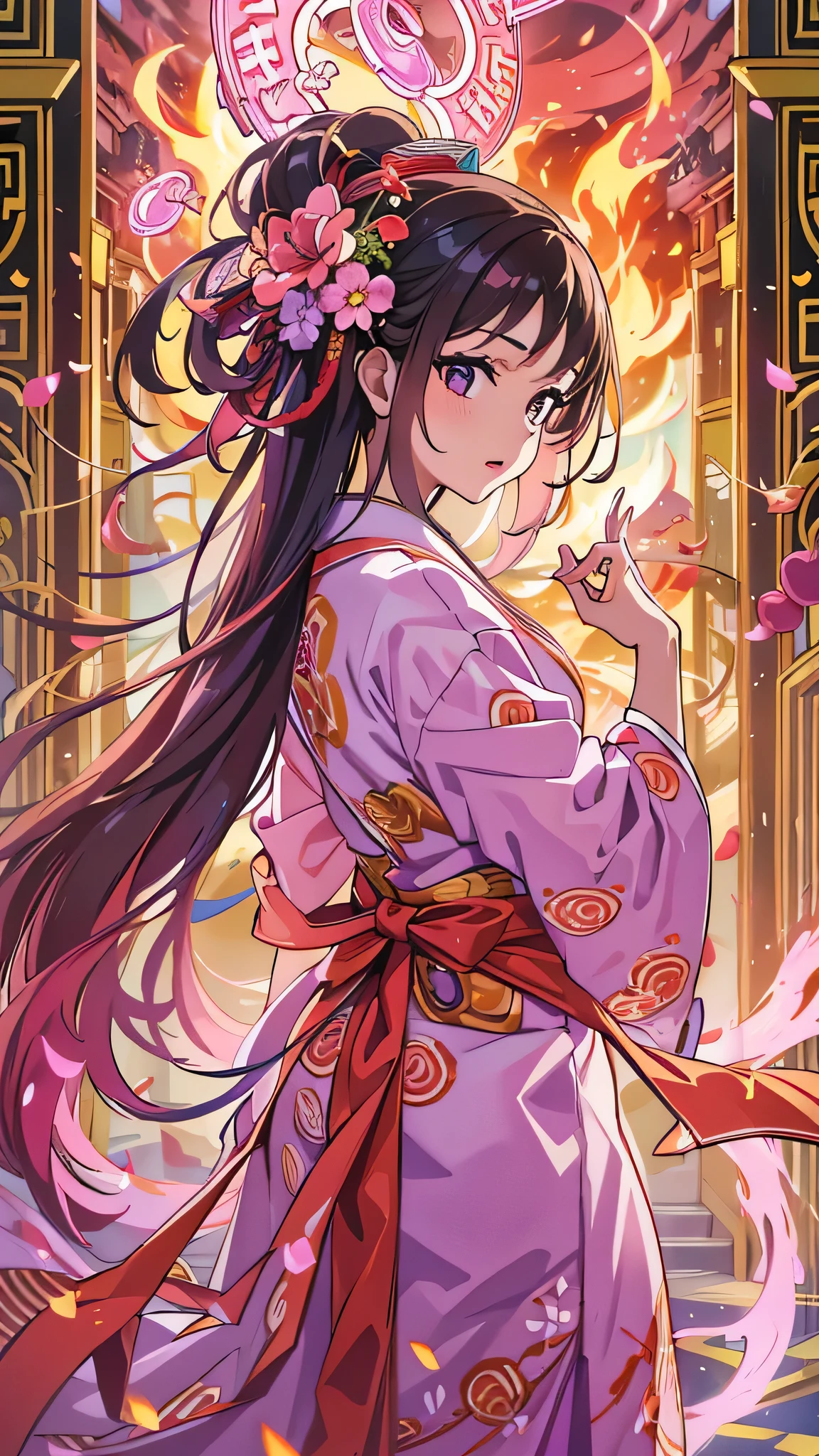  in high-definition images，high frequency: 1.8, Rich details, masterpiece, 8k,  A beautiful shrine maiden wearing a pink shirt is standing in front of the flames, Dancing, Fans waving, Priestesses ,   burning ,  