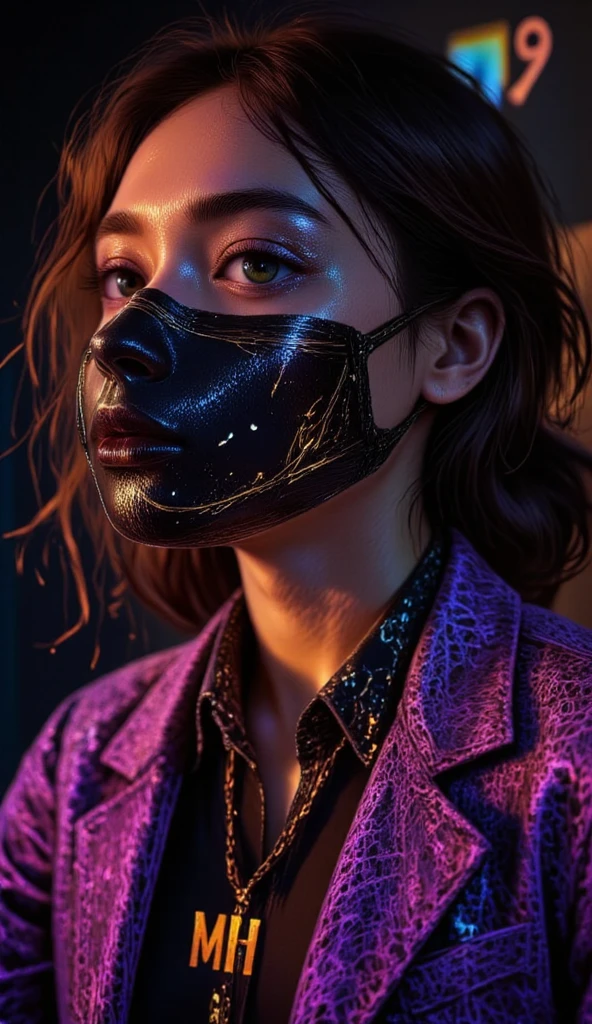 darkness,  neon lights, long shot:1.4,  Full body ,  Anatomically correct ,  hyper realistic :1.5,  A cyberpunk man ,  with a full mask , detailed mask black color with a gold line, detailed mask On the cheek write initial "MH", intricate cyberpunk fashion with neon detail , Give a little Bitcoin logo on the background, 8K, photorealistic ,  cinematic lighting , hyper detailed, arte digital