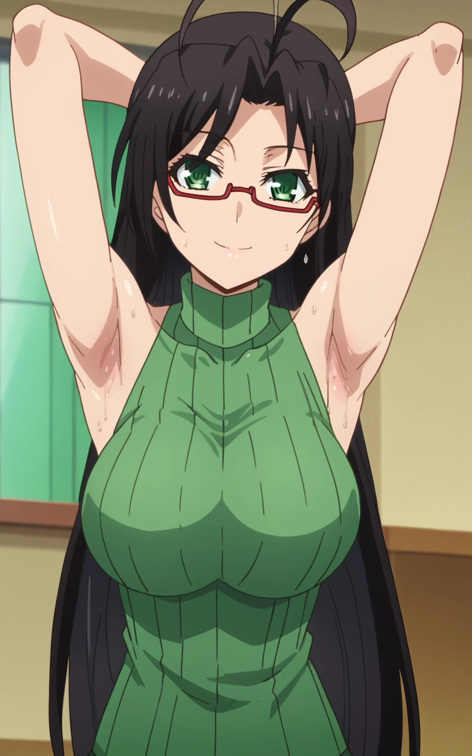 score_9, score_8_up, score_7_up, source_anime, anime screencap, 1girl, solo, chisato hasegawa, green eyes, black hair, long hair, large breasts, glasses, (ribbed sweater, green sweater:1.1), sleeveless sweater, turtleneck, arms behind head, armpits, looking at viewer, head towards viewer, smile, badhandv4, indoors, bare shoulders, bare arms, closed mouth, sweaty armpits