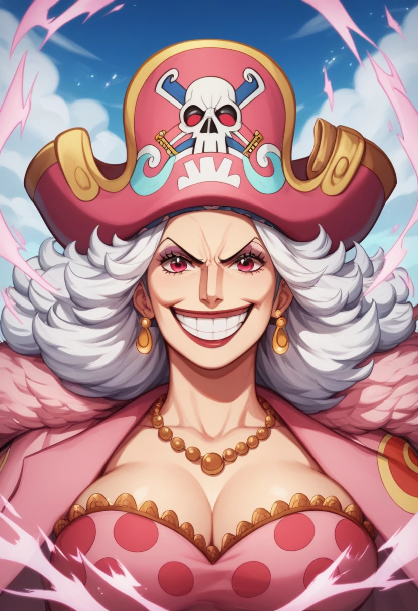 Create an image of a towering and powerful pirate queen with an aura of dominance and chaos. She has wild, flowing pastel-colored hair and a wide, menacing grin. Her outfit is flamboyant, featuring a vibrant dress with candy-themed patterns and gold accessories. Her presence is intimidating yet regal, with a massive pirate hat decorated with skull motifs and sweets. The setting is a fantastical candy-themed island under a stormy sky, with giant desserts and swirling clouds in the background. Her expression combines playful mischief with raw authority, and she holds a massive, enchanted sword crackling with energy. Big Mom of One Piece

