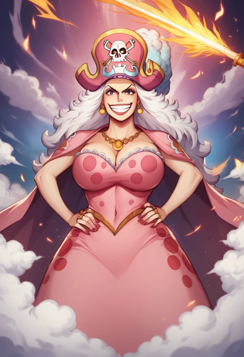 Create an image of a towering and powerful pirate queen with an aura of dominance and chaos. She has wild, flowing pastel-colored hair and a wide, menacing grin. Her outfit is flamboyant, featuring a vibrant dress with candy-themed patterns and gold accessories. Her presence is intimidating yet regal, with a massive pirate hat decorated with skull motifs and sweets. The setting is a fantastical candy-themed island under a stormy sky, with giant desserts and swirling clouds in the background. Her expression combines playful mischief with raw authority, and she holds a massive, enchanted sword crackling with energy. Big Mom of One Piece

