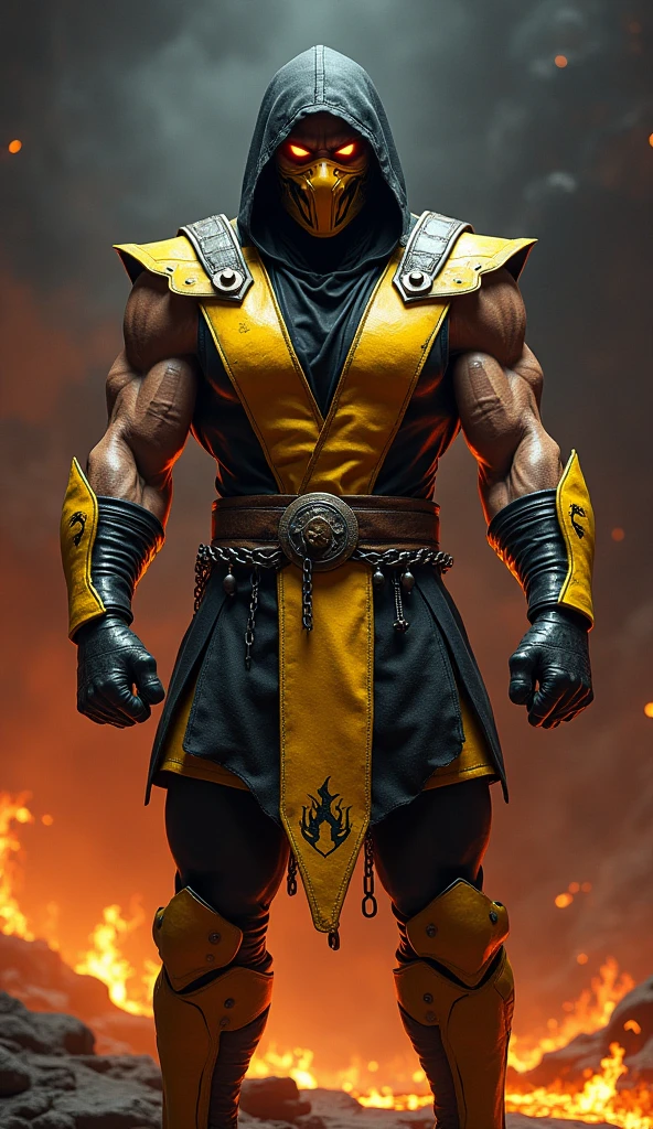 fully body, scorpion (mortal kombat) character's classic suit, eye white, Walking towards the camera, realisitic, a very muscular body in the renatosphere, epic 3D realism, swollen muscles, large fists, best in wlop, kan liu, daz3d, trends in CGsociety, estilo realisitic hiperdetalhado, completo cosplay, by Ric Nagualero, album, hyung tae kim, 8k, irreal engine 5, film composition, retratos realisitics hiperdetalhados, 3D game art, CG Society, Fantasyart, hd art of season, estética realisitic, cinematic lighting, border light, smooth light, border light de filme, fine glow, ultradetailed, 8k, uso realisitic de luz e cor, cinematic light, rendered in cinema4d 500–1000 AD -- ar 3:4- Niji 6