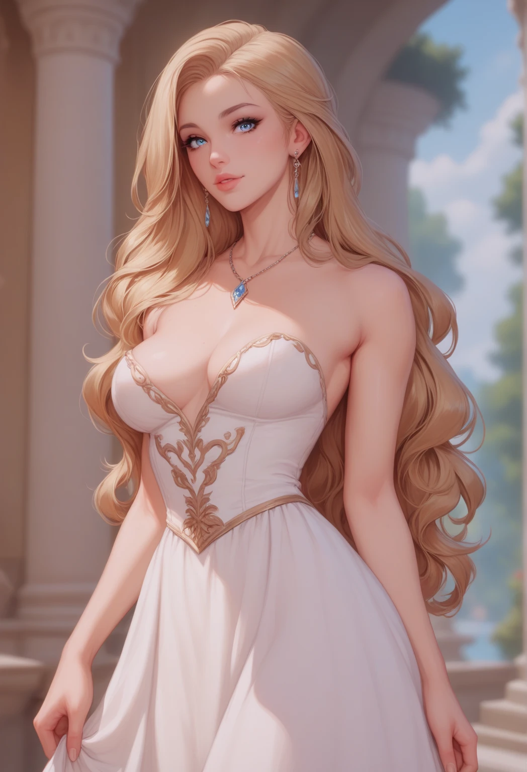 A beautiful blonde woman in her twenties. She is looking at the viewer with a gentle expression, standing. She has well shape lips, Azure eyes, long blonde hair.  Wearing a white dress in a western fantasy setting. 