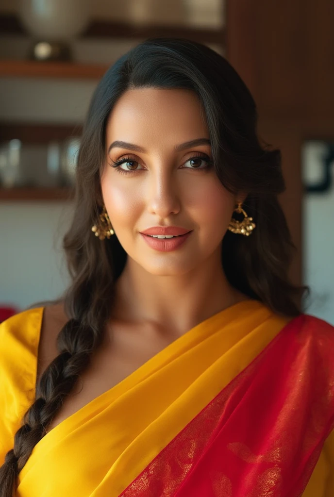 guttonerdvision15, portrait of an Indian woman with medium breast, black background, (Highly Detailed Skin:1.2), 8k UHD, DSLR, Soft Lighting, High Quality, Film Grain, Fujifilm XT3, dark red natural big lips, seductive smile, long hair