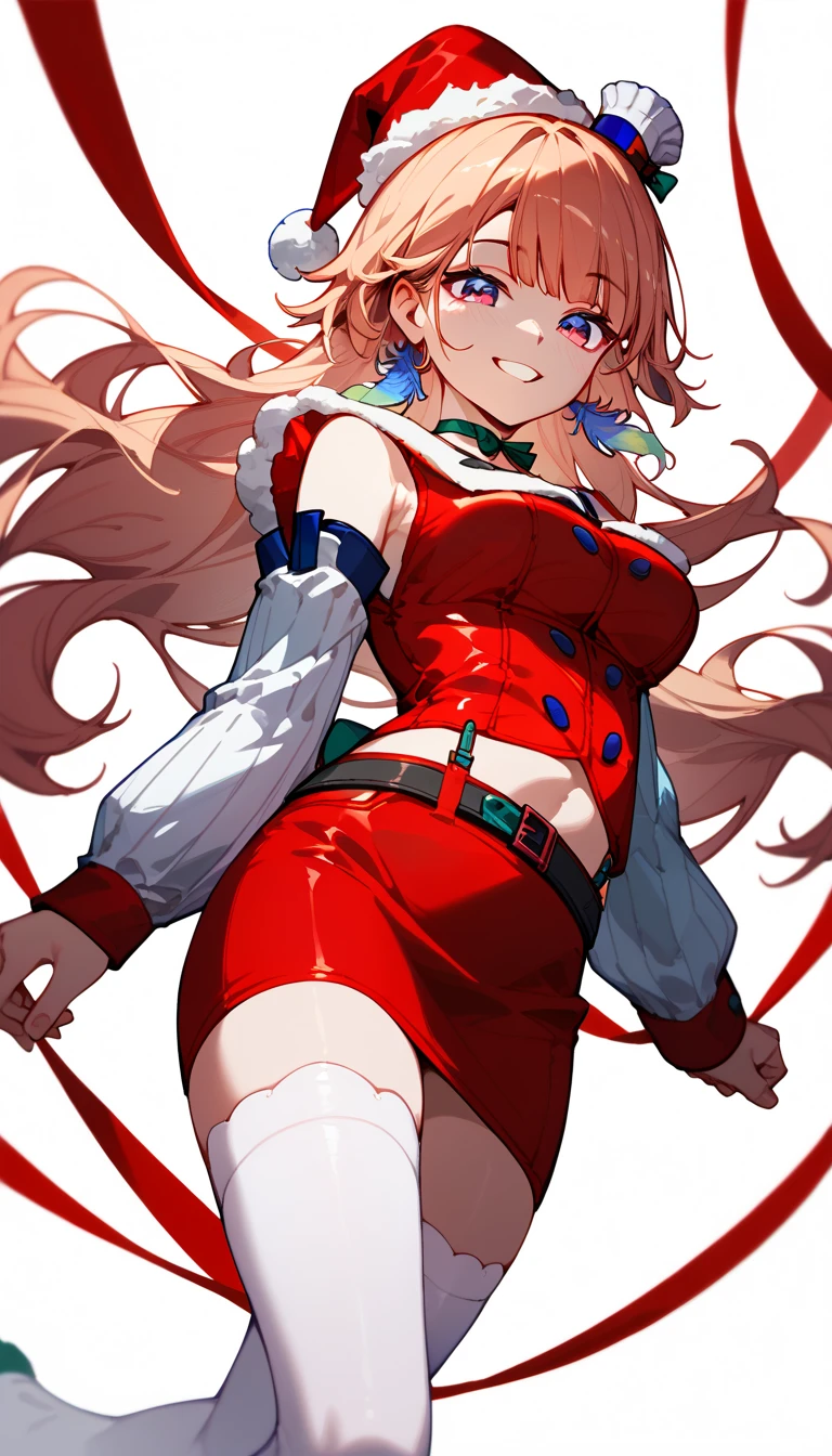 1 girl (masterpiece) perfect face, expressive eyes, KiaraBase, long hair, feather earrings, santa Claus hat, mini chef hat, ribbon choker, detached sleeves, white sleeves, white thighhighs, red vest, midriff, red miniskirt, belt, white background, soft smile 