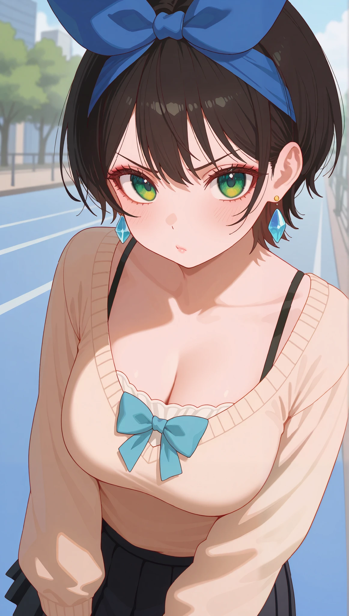 (masterpiece), (portrait), medium breasts (aesthetics), ((1 female 21 years old)), Highlight earrings), ((short hair)), ((Hot crystal black hair, blue bow in the hair)), ((Ruka Sarashina)) straight hair, thin eyes open, cold look, green eyes, cute, naughty, angry, pouting, lane, woman, feminine, beautiful, female features, top, high quality, aesthetic clothing, professional angle, (rule of thirds), (feminine), , (beautiful) , (female), solo, (Korean attractive), summer, (ink haze), (afternoon), (vibrant light), seductive posture, ((face looking forward))), Ruka Sarashina, light brown sweater blouse, long sleeves, black pleated skirt, sensual ((Energy)), (Bold Makeup), (big Breasts), Fair Skin, (Clothes with Hip Hop Details), (a hot Ruka Sarashina, sculptural body, sexy pose), (Sleep Neckline), Beautiful Hands, Body beautiful, beautiful ears, beautiful eyes, bright eyes, beautiful mouth, beautiful lips, in the beautiful park