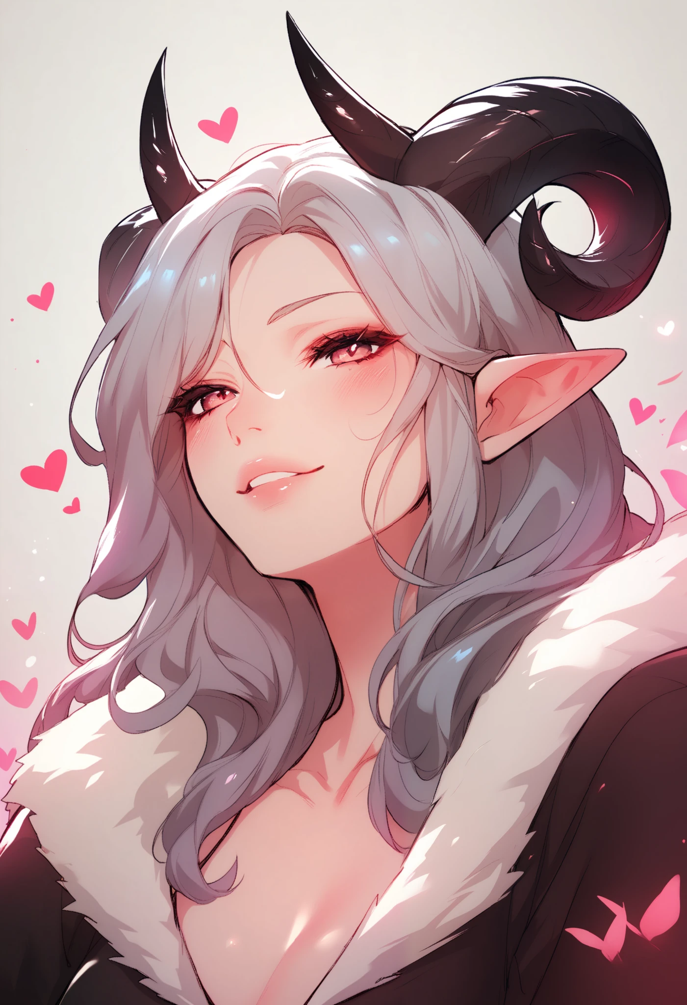 The image presents an illustration of a female character with long and voluminous hair, Which is white . She has characteristics that refer to a mystical or fantastic being , such as black horns on the head and pointed ears . The character is in a posture of acquiescence , sitting on the knees and turned sideways , with a seductive look.
Her costume is minimalist , a pink heart, matching the general aesthetic of the image . The background is simple , in a neutral tone, highlighting the central figure. The illustration is very detailed , showing a vibrant and stylized artistic style , characteristic of digital art works .