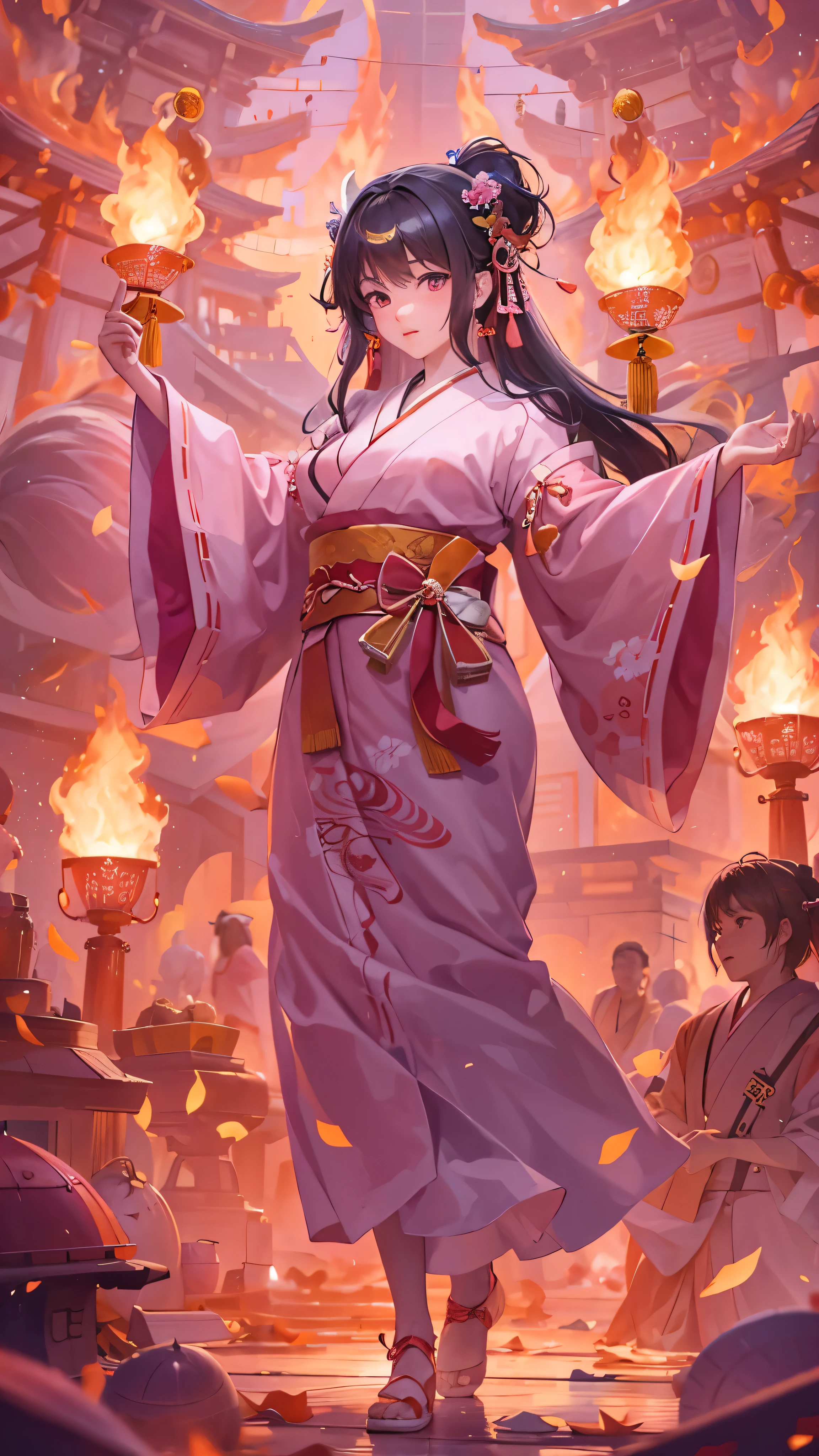  in high-definition images，high frequency: 1.8, Rich details, masterpiece, 8k,  A beautiful shrine maiden wearing a pink shirt is standing in front of the flames, Dancing, Fans waving, Priestesses ,   burning ,  